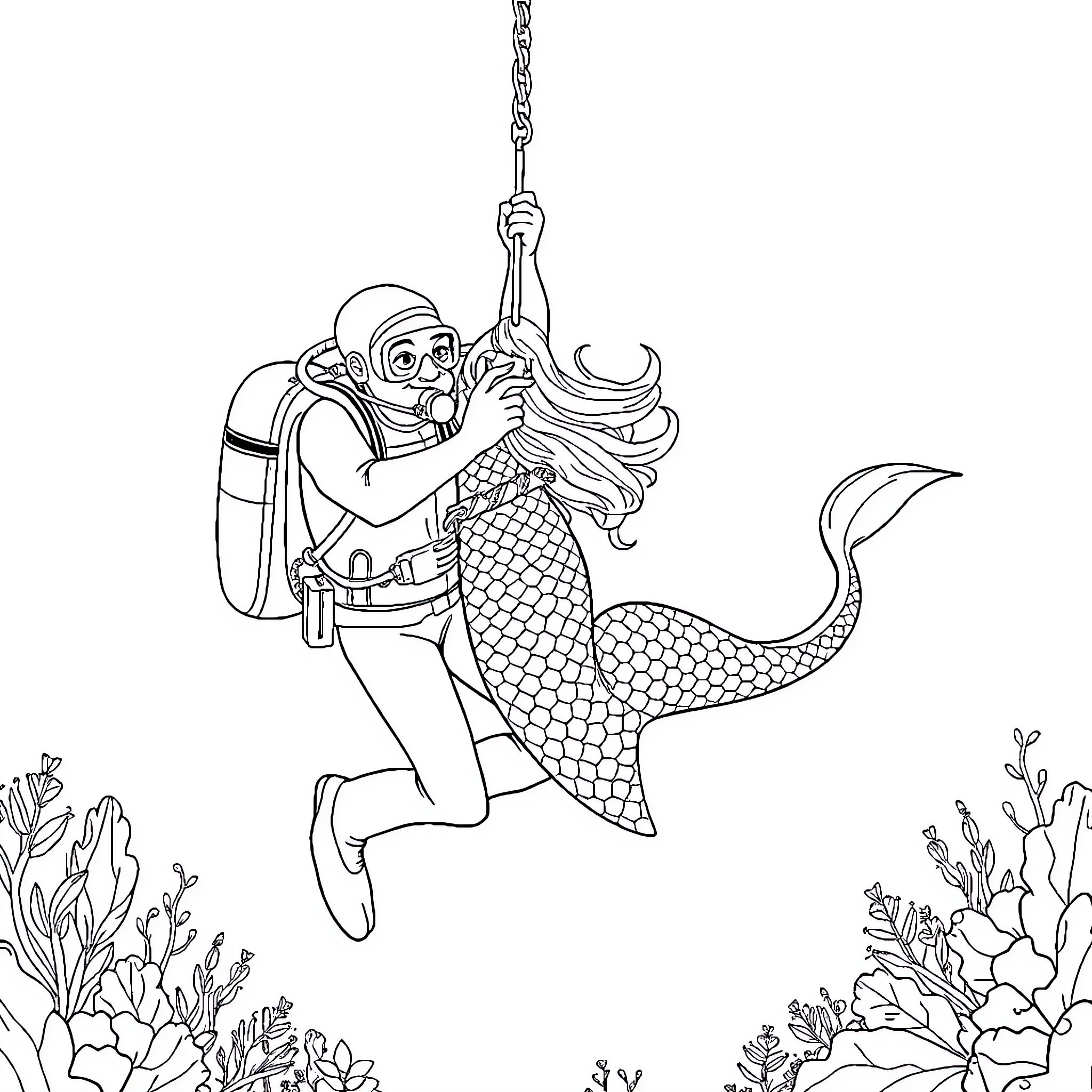 Diver exploring the underwater world Coloring Page (free black-and-white line drawing printable PDF for all, from beginners to advanced learners, including children, teens, adults, and seniors)