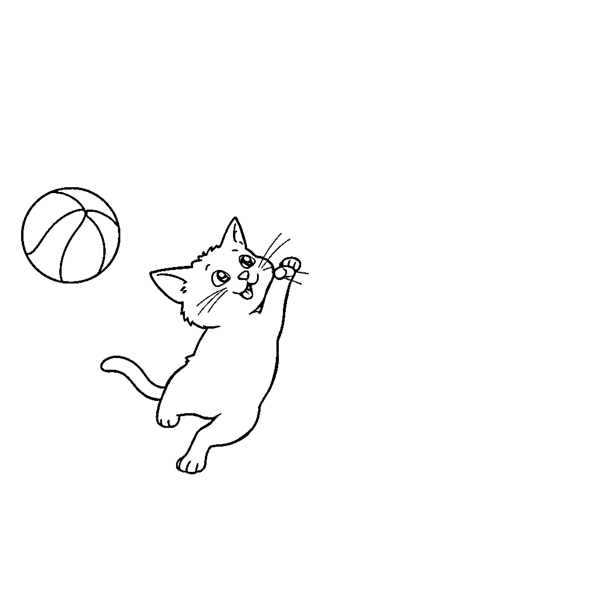 Cat playing with a ball Coloring Page (free black-and-white line drawing printable PDF for all, from beginners to advanced learners, including children, teens, adults, and seniors)