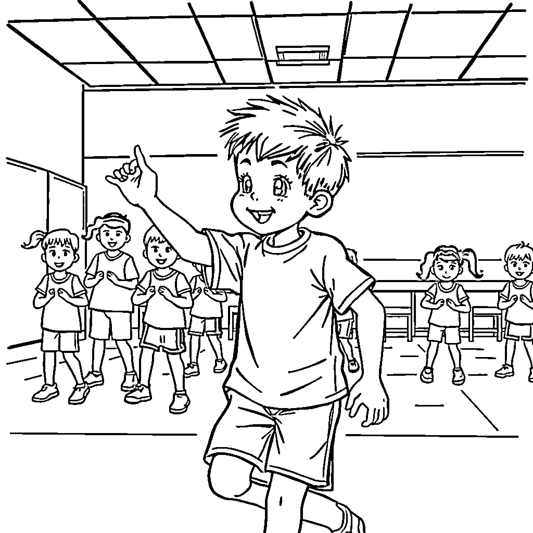 Boy Raising Hand in Classroom Setting Coloring Page (free black-and-white line drawing printable PDF for all, from beginners to advanced learners, including children, teens, adults, and seniors)