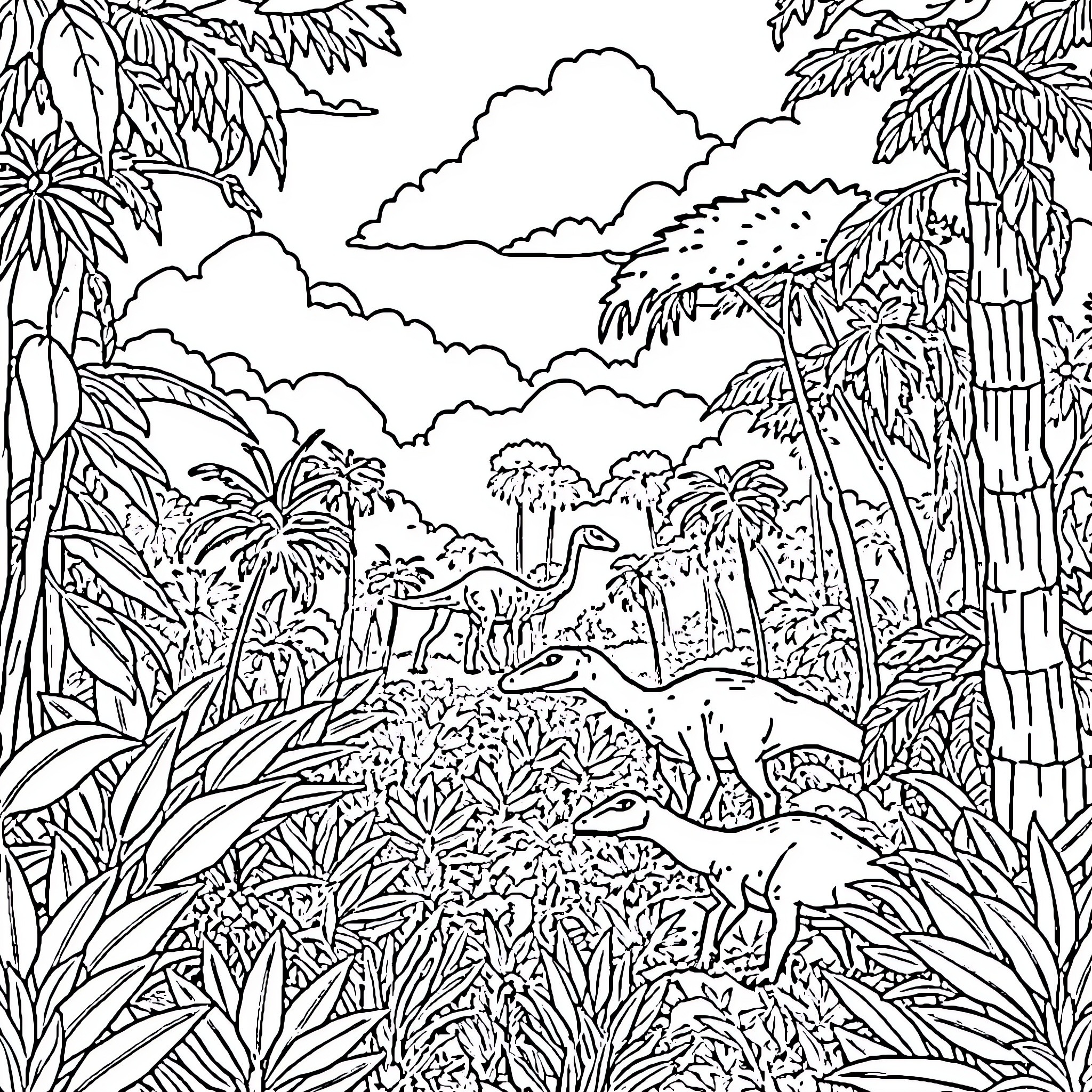 Dinosaurs roaming the lush prehistoric jungle Coloring Page (free black-and-white line drawing printable PDF for all, from beginners to advanced learners, including children, teens, adults, and seniors)