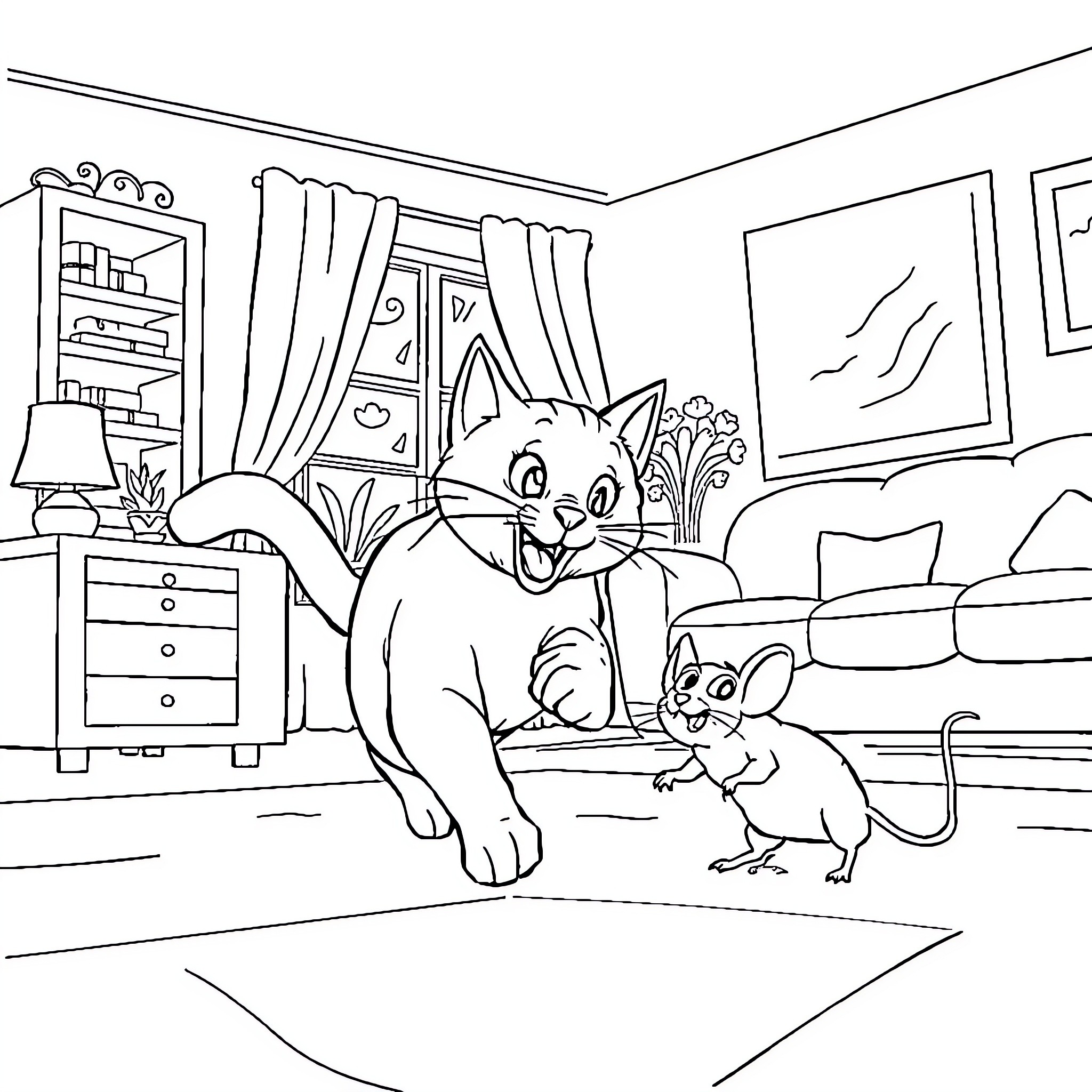 Cat and Mouse Playing in the Living Room Coloring Page (free black-and-white line drawing printable PDF for all, from beginners to advanced learners, including children, teens, adults, and seniors)