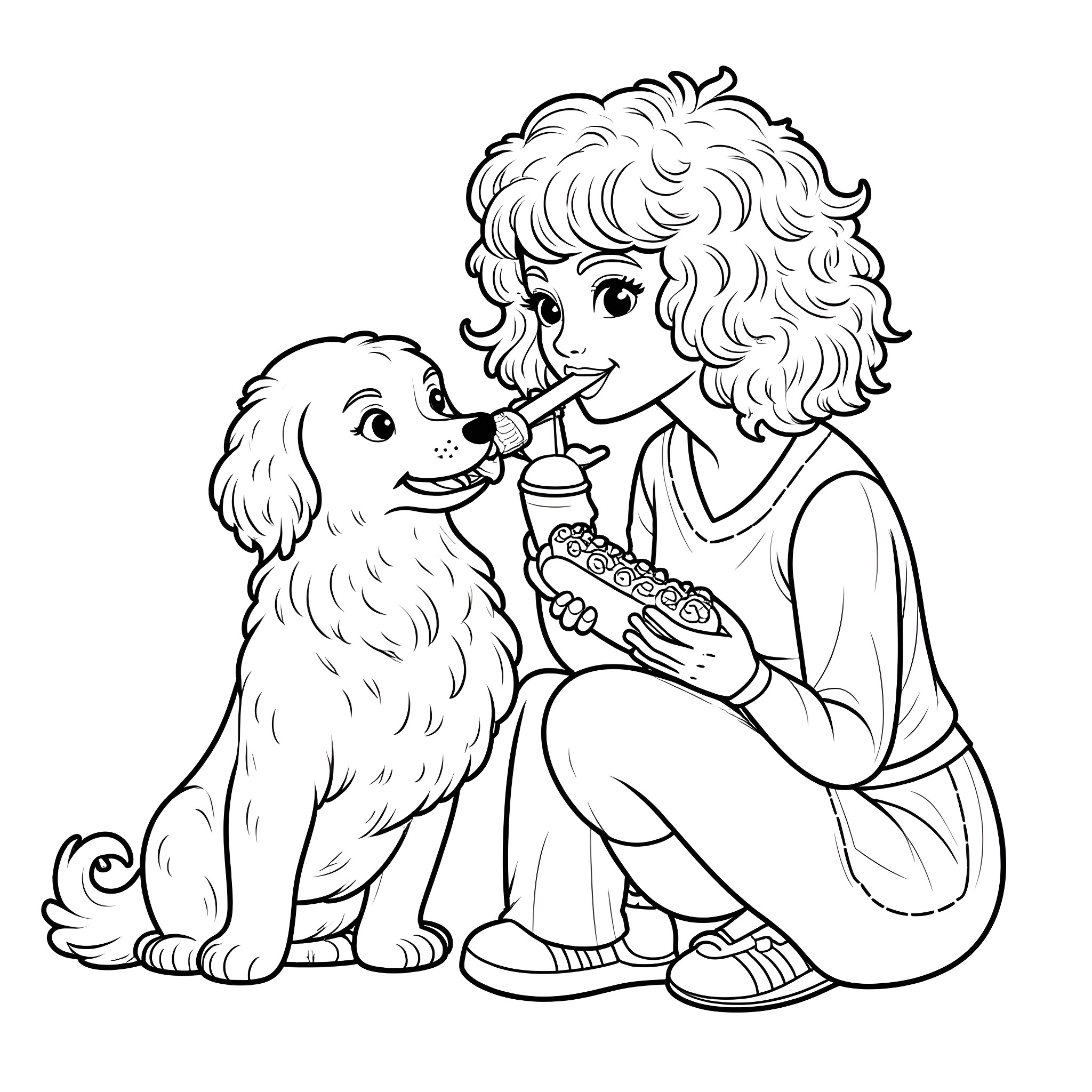 Woman playing with her pet dog Coloring Page (free black-and-white line drawing printable PDF for all, from beginners to advanced learners, including children, teens, adults, and seniors)