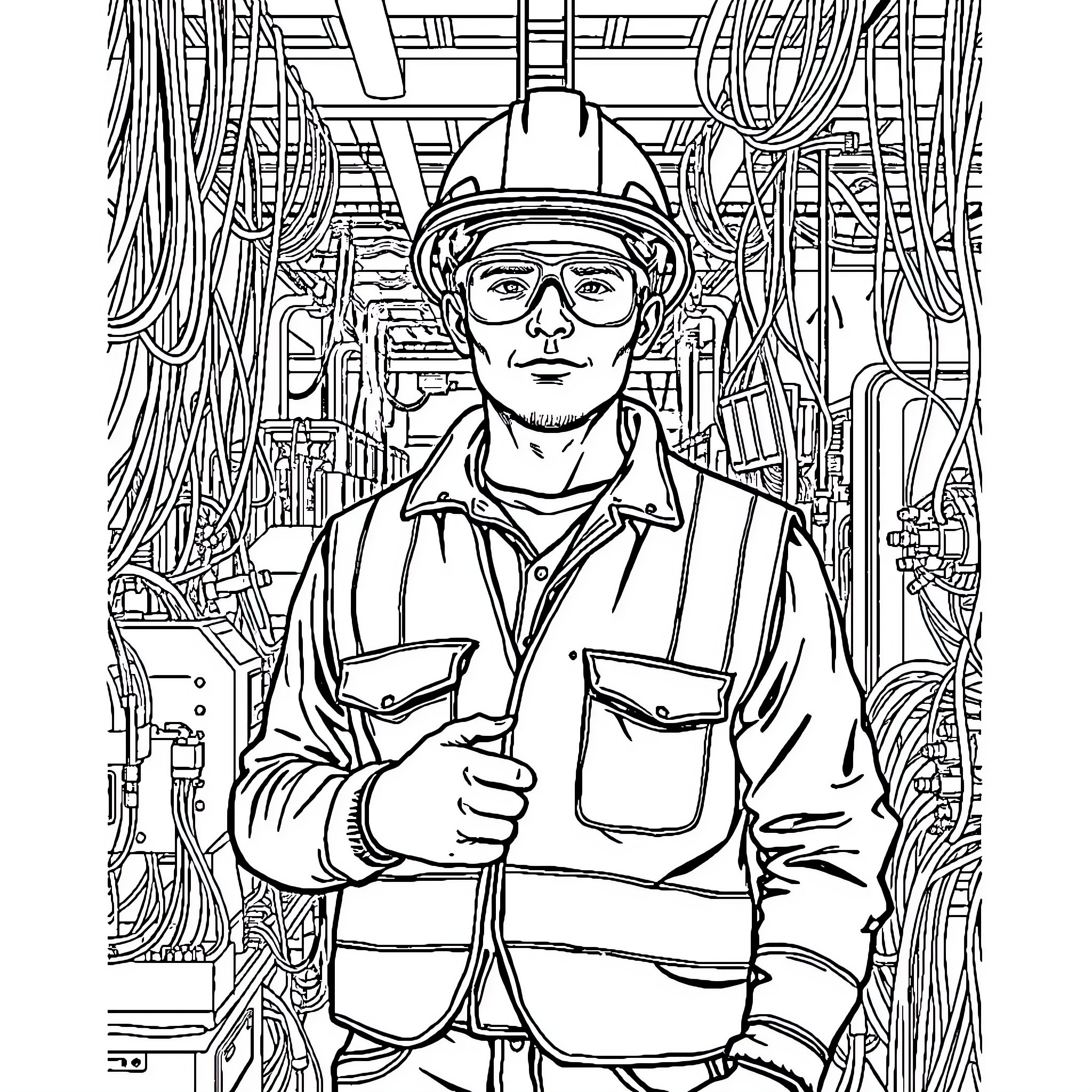 Worker examining machinery in industrial setting Coloring Page (free black-and-white line drawing printable PDF for all, from beginners to advanced learners, including children, teens, adults, and seniors)