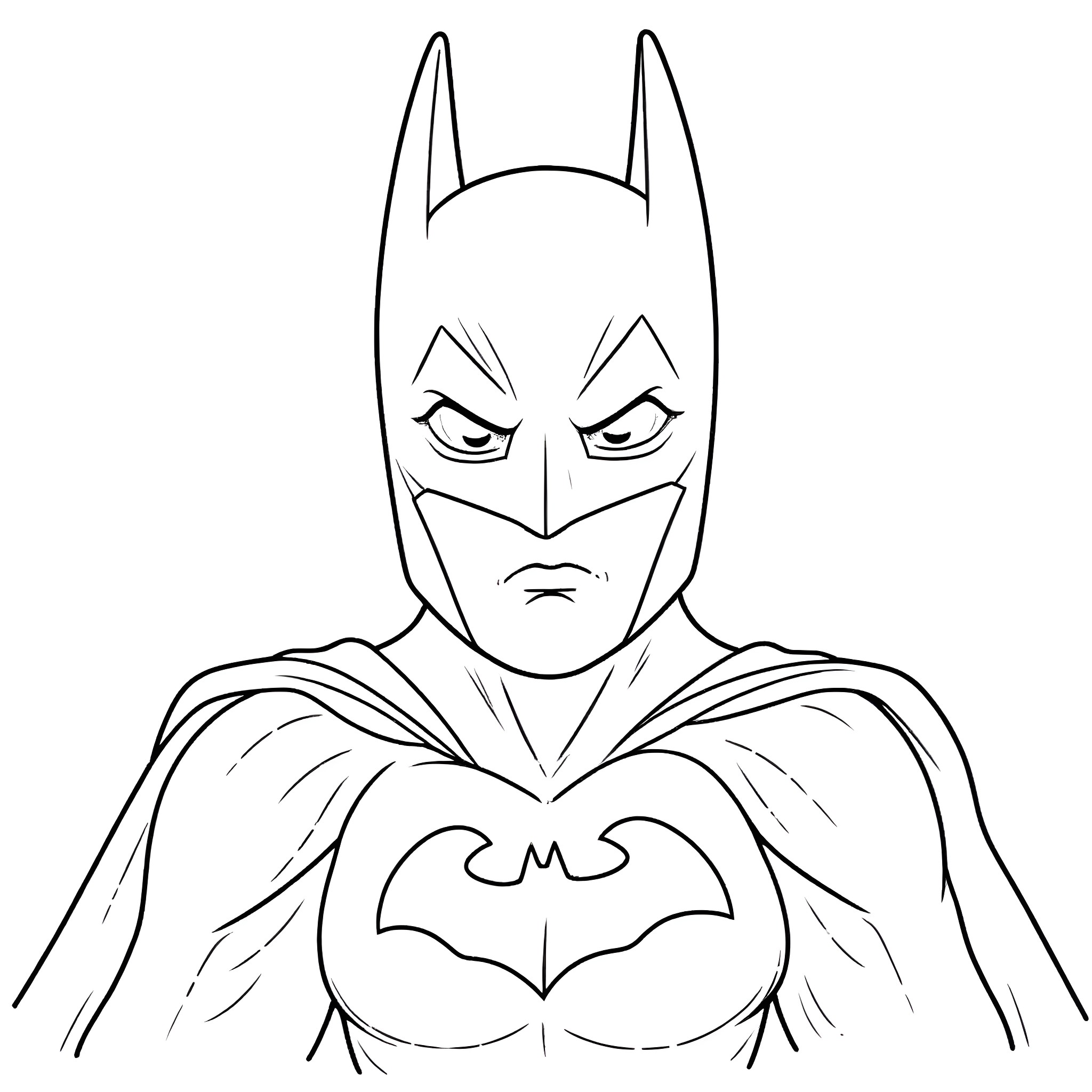 Batman in fierce expression Coloring Page (free black-and-white line drawing printable PDF for all, from beginners to advanced learners, including children, teens, adults, and seniors)
