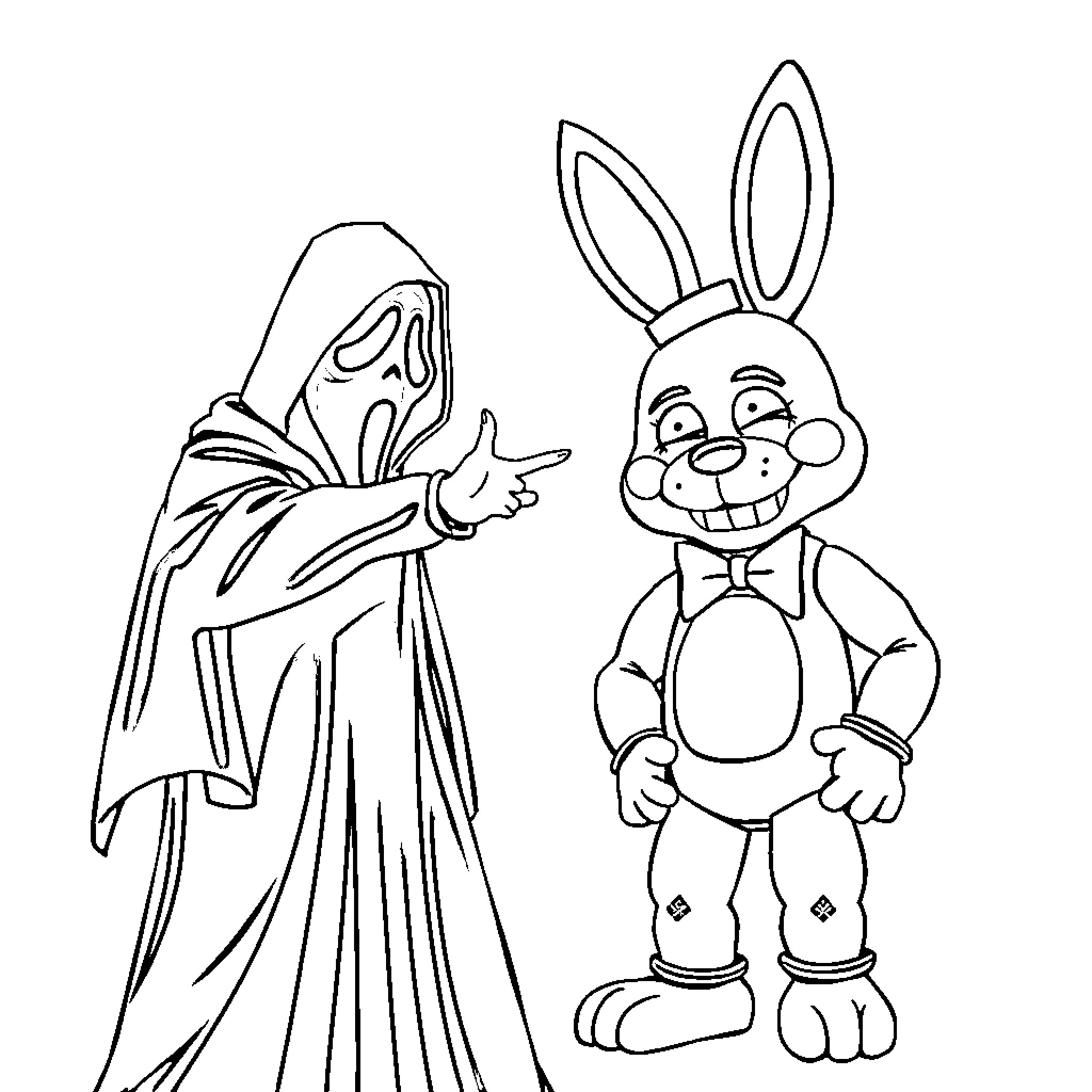 Ghost Rabbit and Mysterious Hooded Figure Coloring Page (free black-and-white line drawing printable PDF for all, from beginners to advanced learners, including children, teens, adults, and seniors)