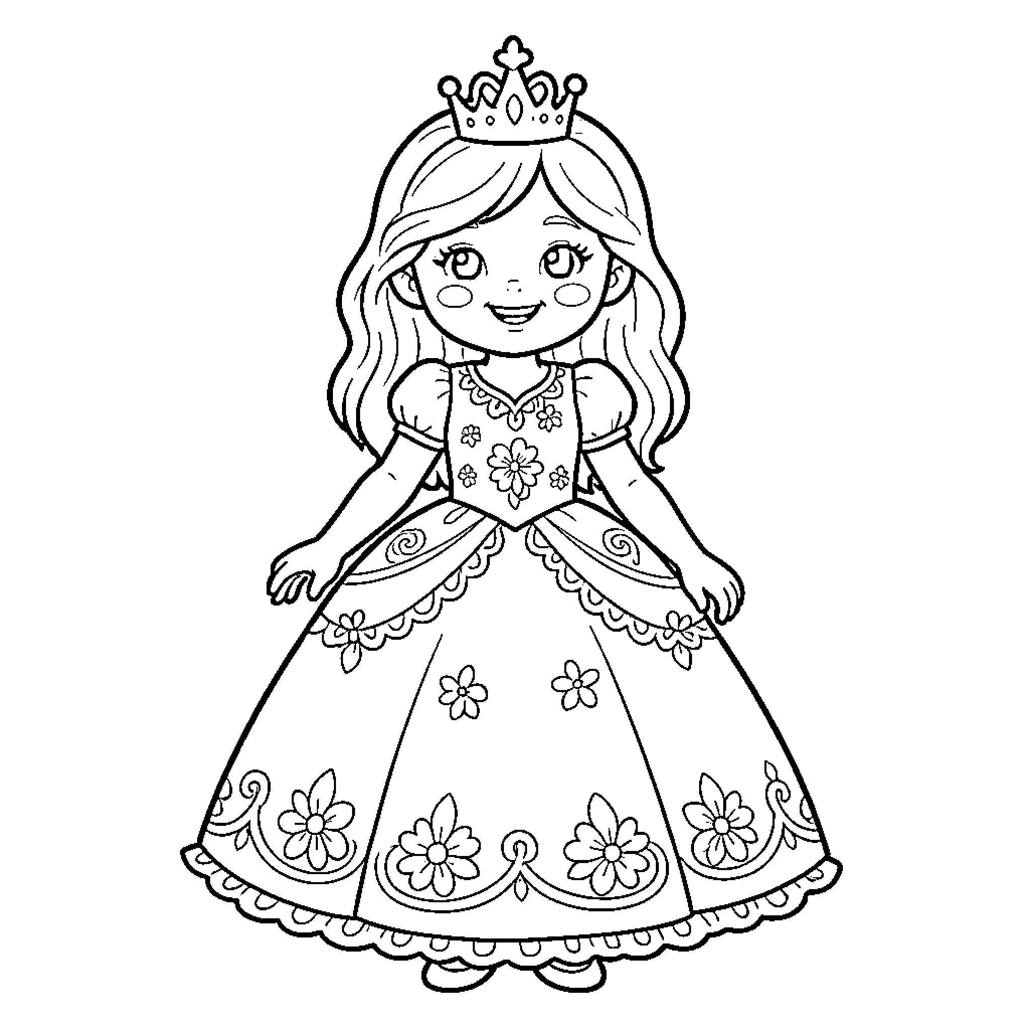 Princess wearing a crown and smiling in a gown Coloring Page (free black-and-white line drawing printable PDF for all, from beginners to advanced learners, including children, teens, adults, and seniors)