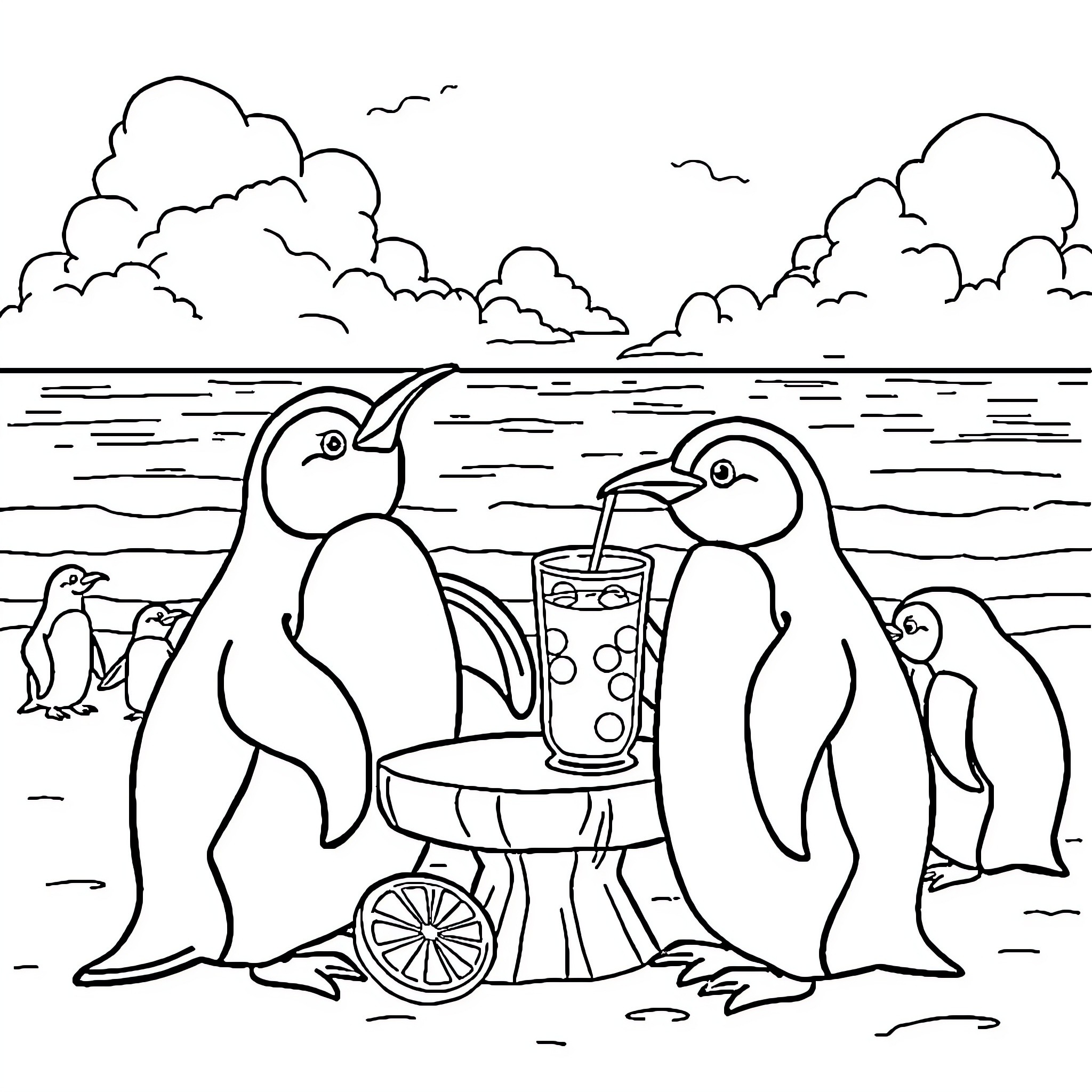 Penguins enjoying a refreshing drink on the beach Coloring Page (free black-and-white line drawing printable PDF for all, from beginners to advanced learners, including children, teens, adults, and seniors)