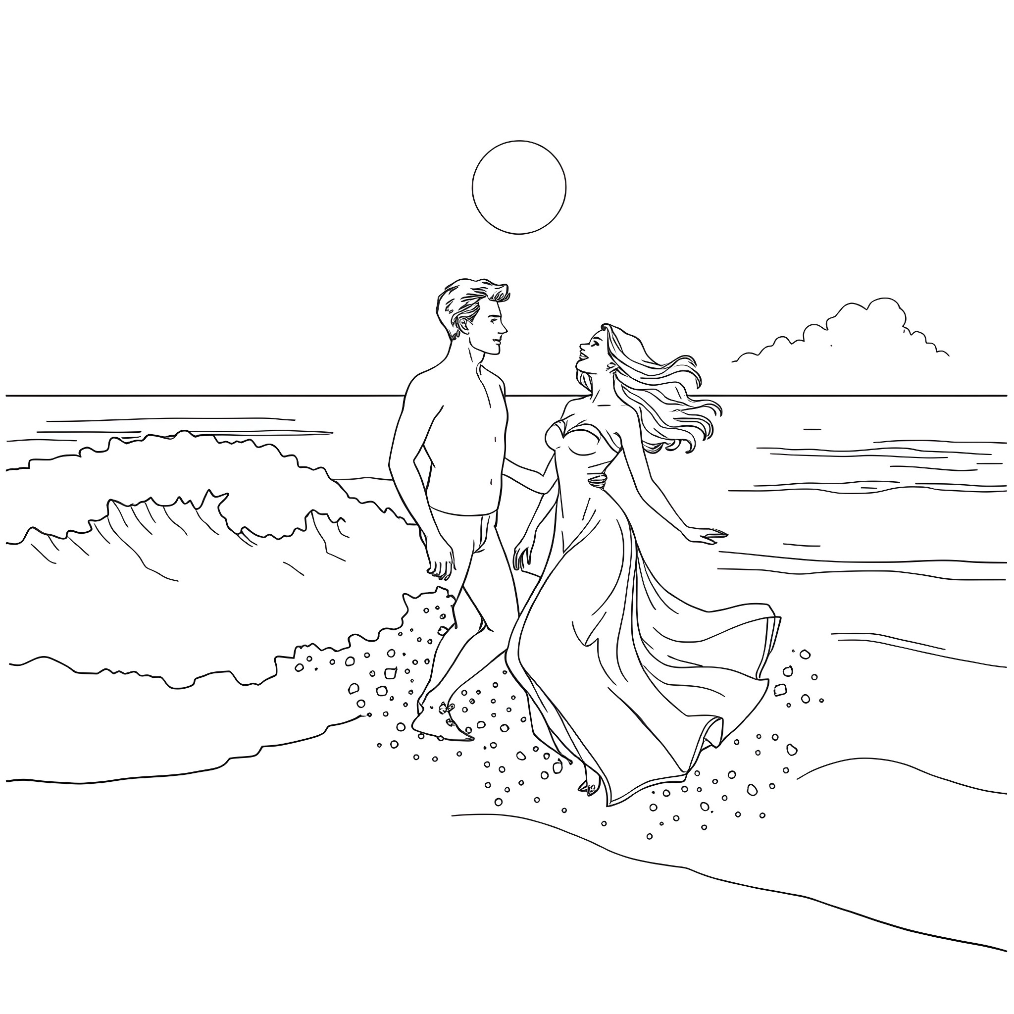 Woman and man walking along the beach Coloring Page (free black-and-white line drawing printable PDF for all, from beginners to advanced learners, including children, teens, adults, and seniors)