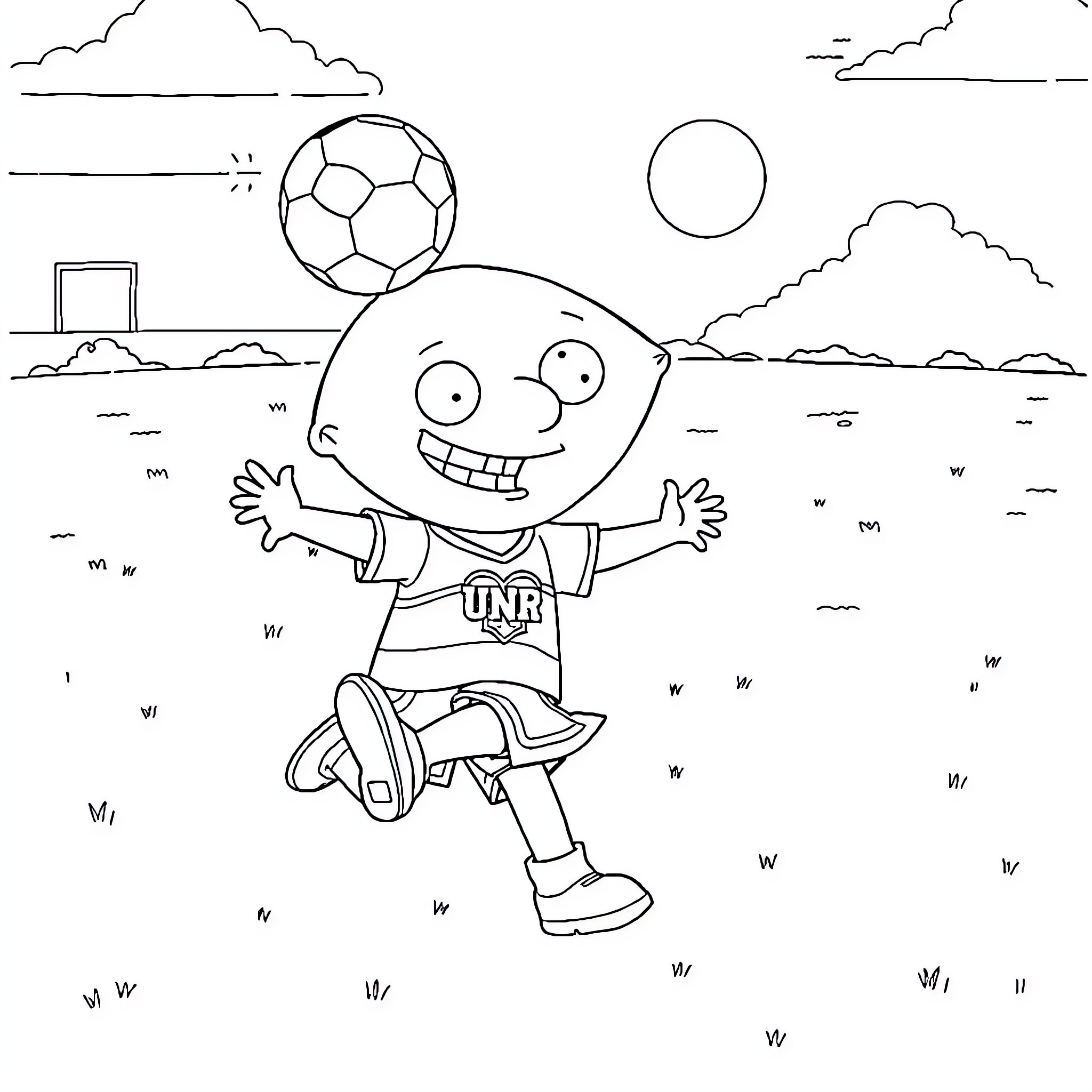 Stewie playing joyfully with soccer ball outdoors Coloring Page (free black-and-white line drawing printable PDF for all, from beginners to advanced learners, including children, teens, adults, and seniors)