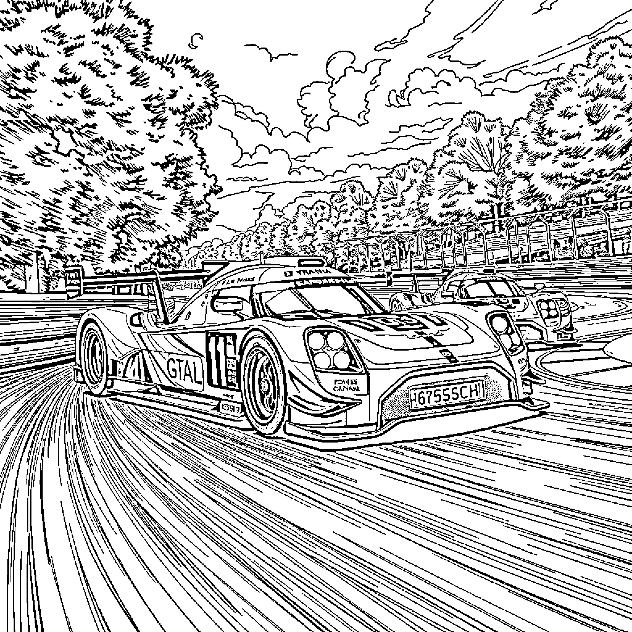 GT3 Car racing on a winding track through a wooded landscape Coloring Page (free black-and-white line drawing printable PDF for all, from beginners to advanced learners, including children, teens, adults, and seniors)
