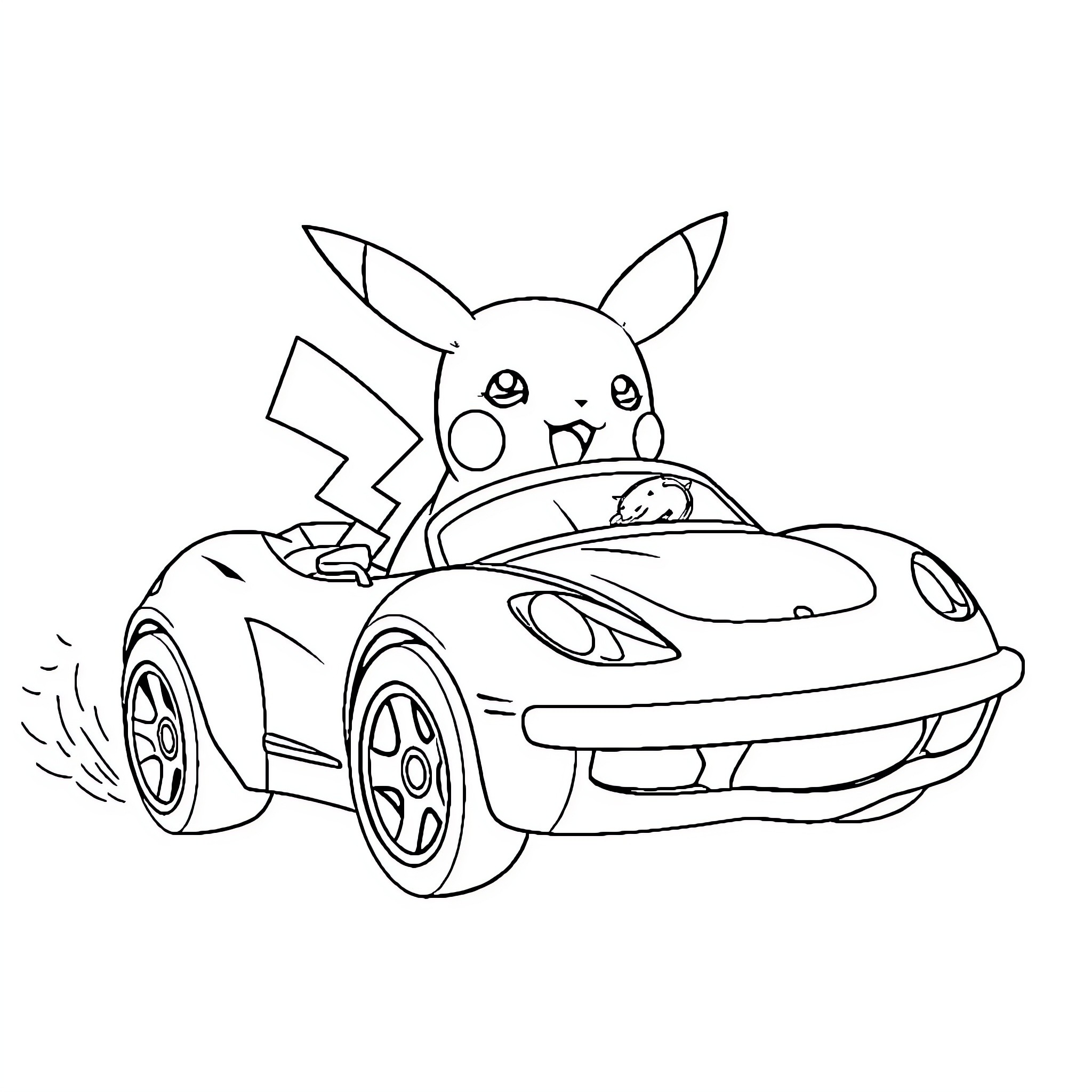 Pikachu driving a sporty race car Coloring Page (free black-and-white line drawing printable PDF for all, from beginners to advanced learners, including children, teens, adults, and seniors)