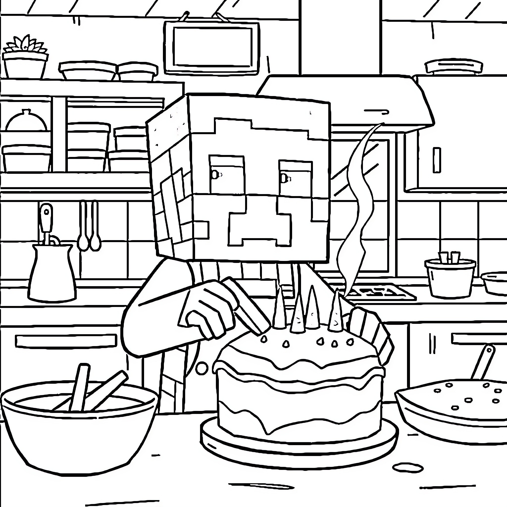 Creeper baking a cake in the kitchen Coloring Page (free black-and-white line drawing printable PDF for all, from beginners to advanced learners, including children, teens, adults, and seniors)