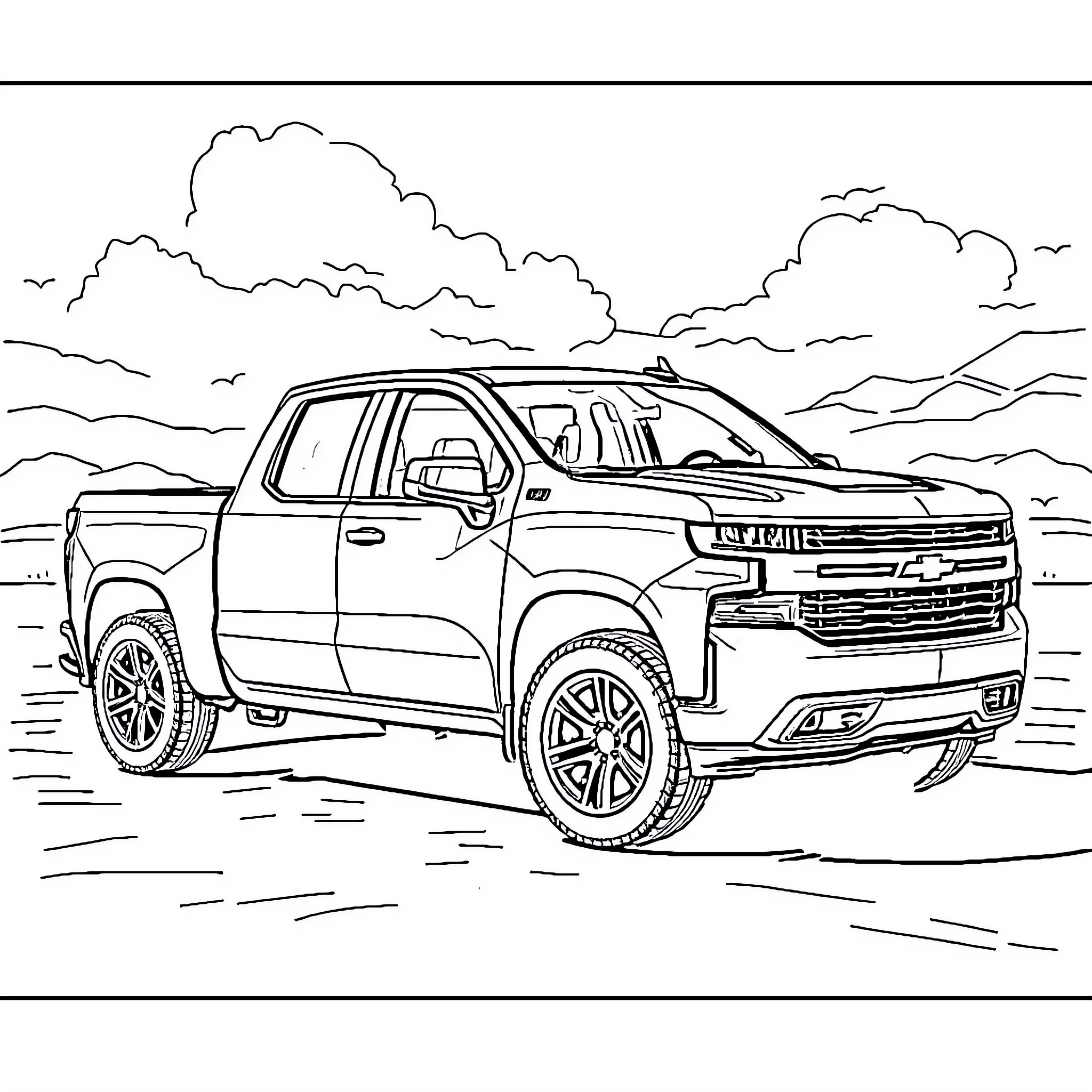 Silverado pickup truck in rugged outdoor setting Coloring Page (free black-and-white line drawing printable PDF for all, from beginners to advanced learners, including children, teens, adults, and seniors)