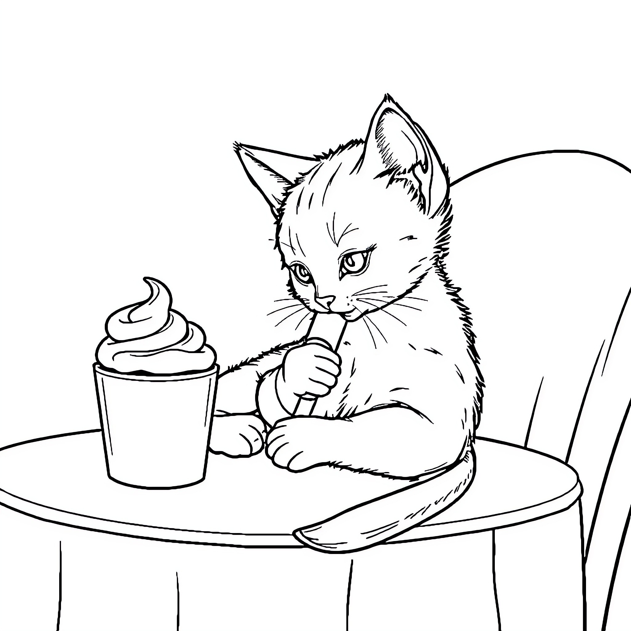 Cat enjoying a sweet treat Coloring Page (free black-and-white line drawing printable PDF for all, from beginners to advanced learners, including children, teens, adults, and seniors)