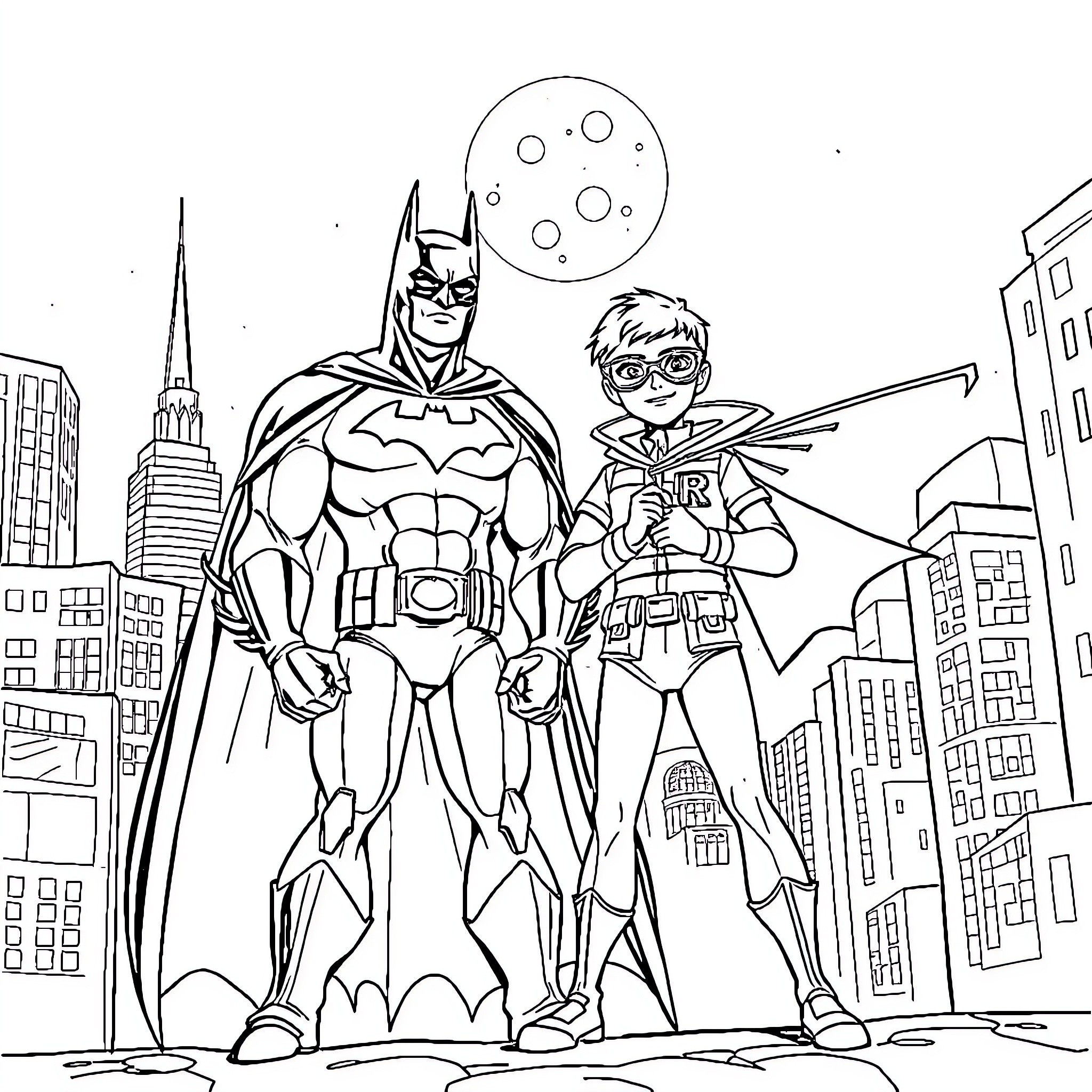 Batman and Robin protecting the city Coloring Page (free black-and-white line drawing printable PDF for all, from beginners to advanced learners, including children, teens, adults, and seniors)