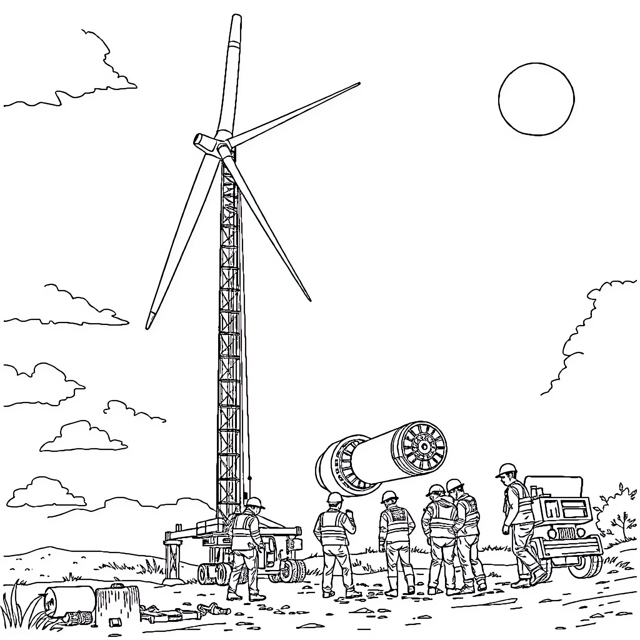 Windturbine workers examining equipment in the field Coloring Page (free black-and-white line drawing printable PDF for all, from beginners to advanced learners, including children, teens, adults, and seniors)