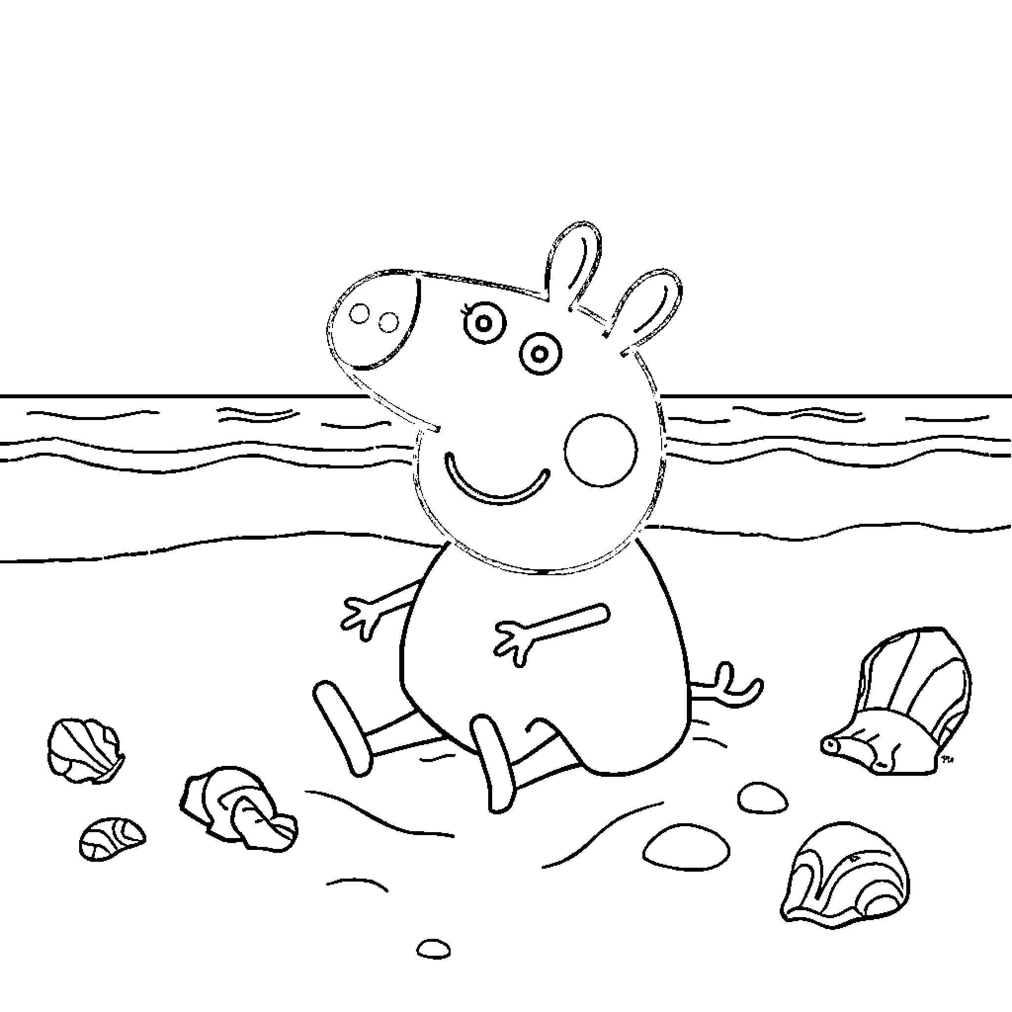 Peppa Pig playing happily on the beach Coloring Page (free black-and-white line drawing printable PDF for all, from beginners to advanced learners, including children, teens, adults, and seniors)