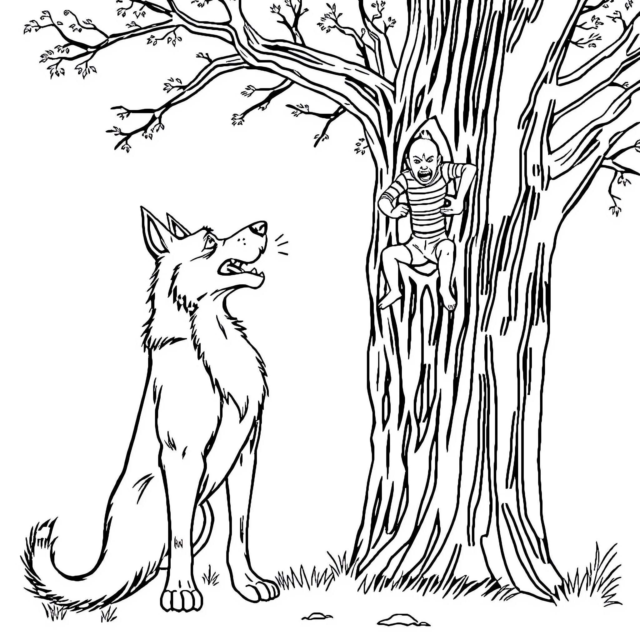 Dogman hiding in the forest Coloring Page (free black-and-white line drawing printable PDF for all, from beginners to advanced learners, including children, teens, adults, and seniors)