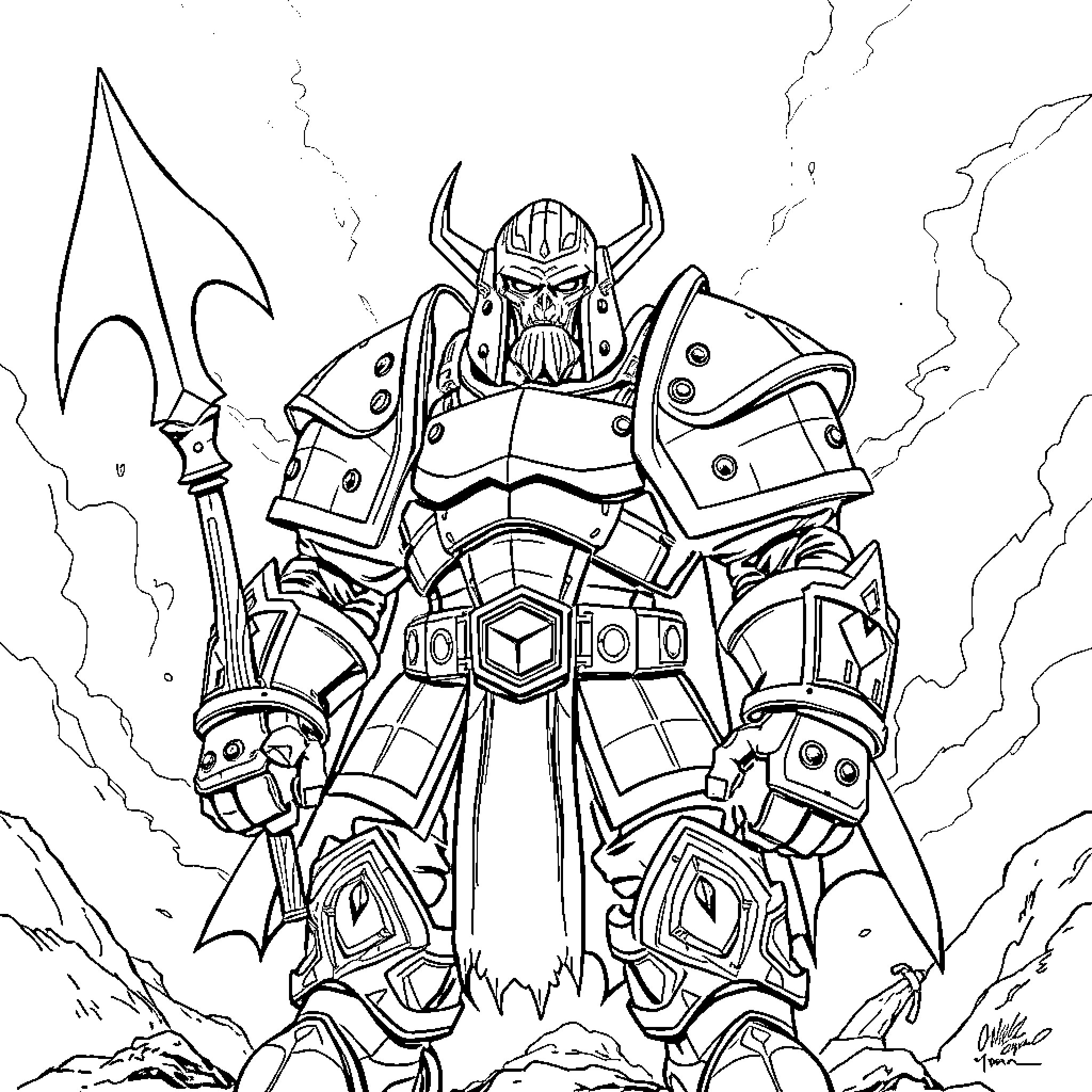 Doomslayer's Powerful Presence: An Armored Warrior in Action Coloring Page (free black-and-white line drawing printable PDF for all, from beginners to advanced learners, including children, teens, adults, and seniors)