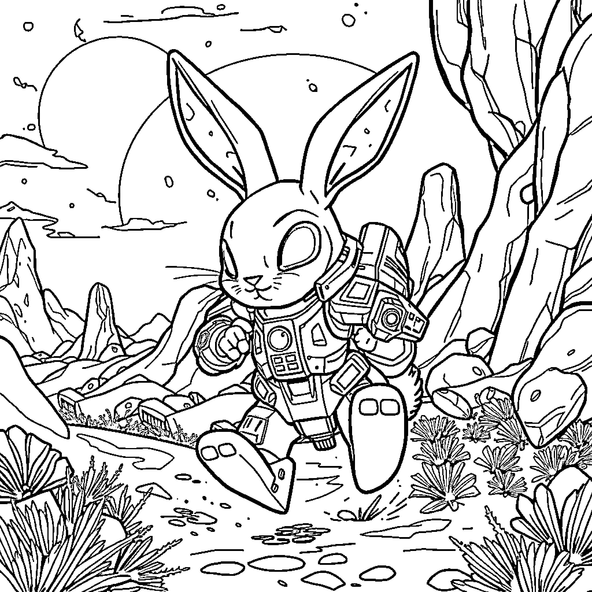 Bunny exploring a futuristic landscape Coloring Page (free black-and-white line drawing printable PDF for all, from beginners to advanced learners, including children, teens, adults, and seniors)