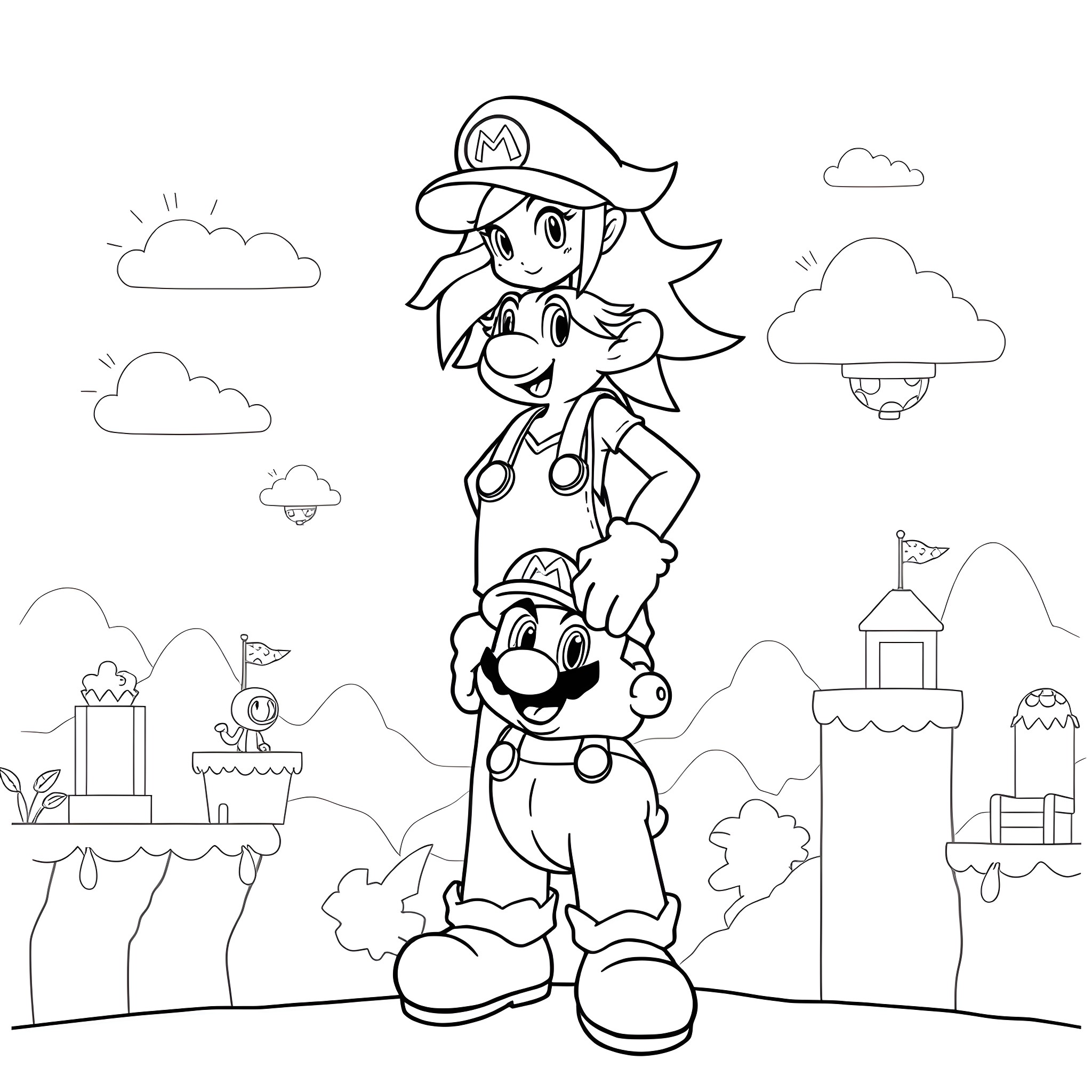 Sora and Mario's Whimsical Adventure Coloring Page (free black-and-white line drawing printable PDF for all, from beginners to advanced learners, including children, teens, adults, and seniors)