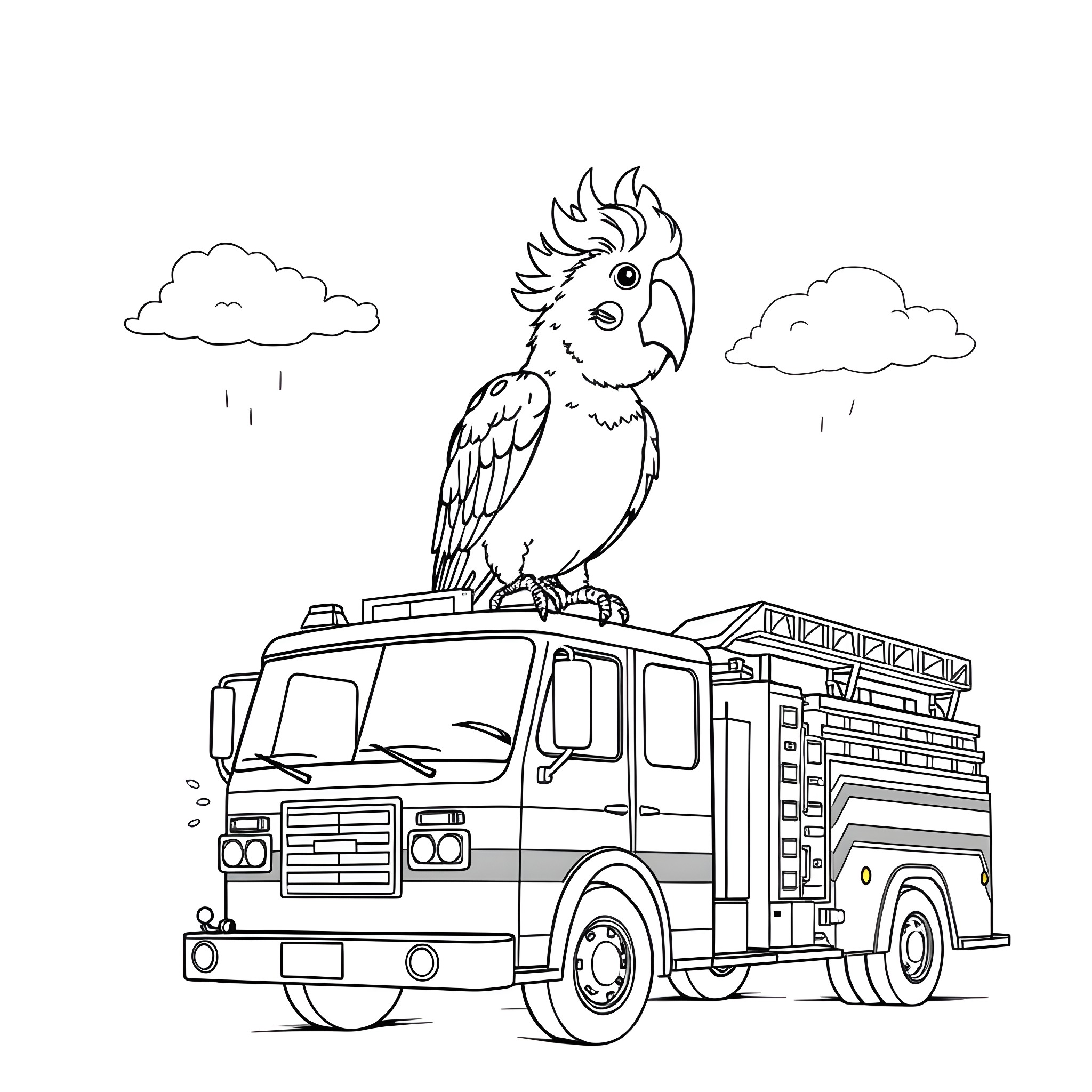 Firetruck with a playful parrot perched on top Coloring Page (free black-and-white line drawing printable PDF for all, from beginners to advanced learners, including children, teens, adults, and seniors)