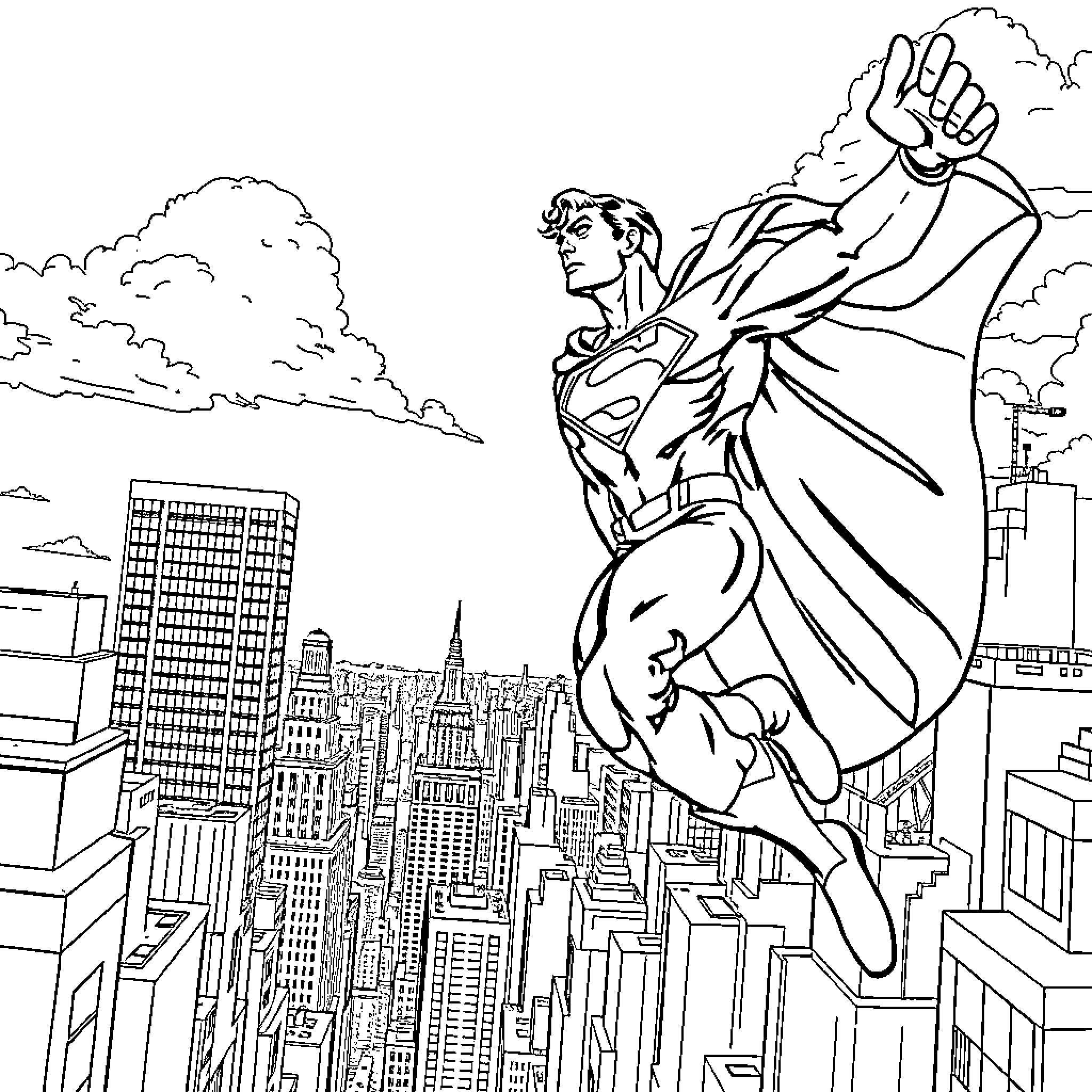 Superman soaring over the city skyline Coloring Page (free black-and-white line drawing printable PDF for all, from beginners to advanced learners, including children, teens, adults, and seniors)