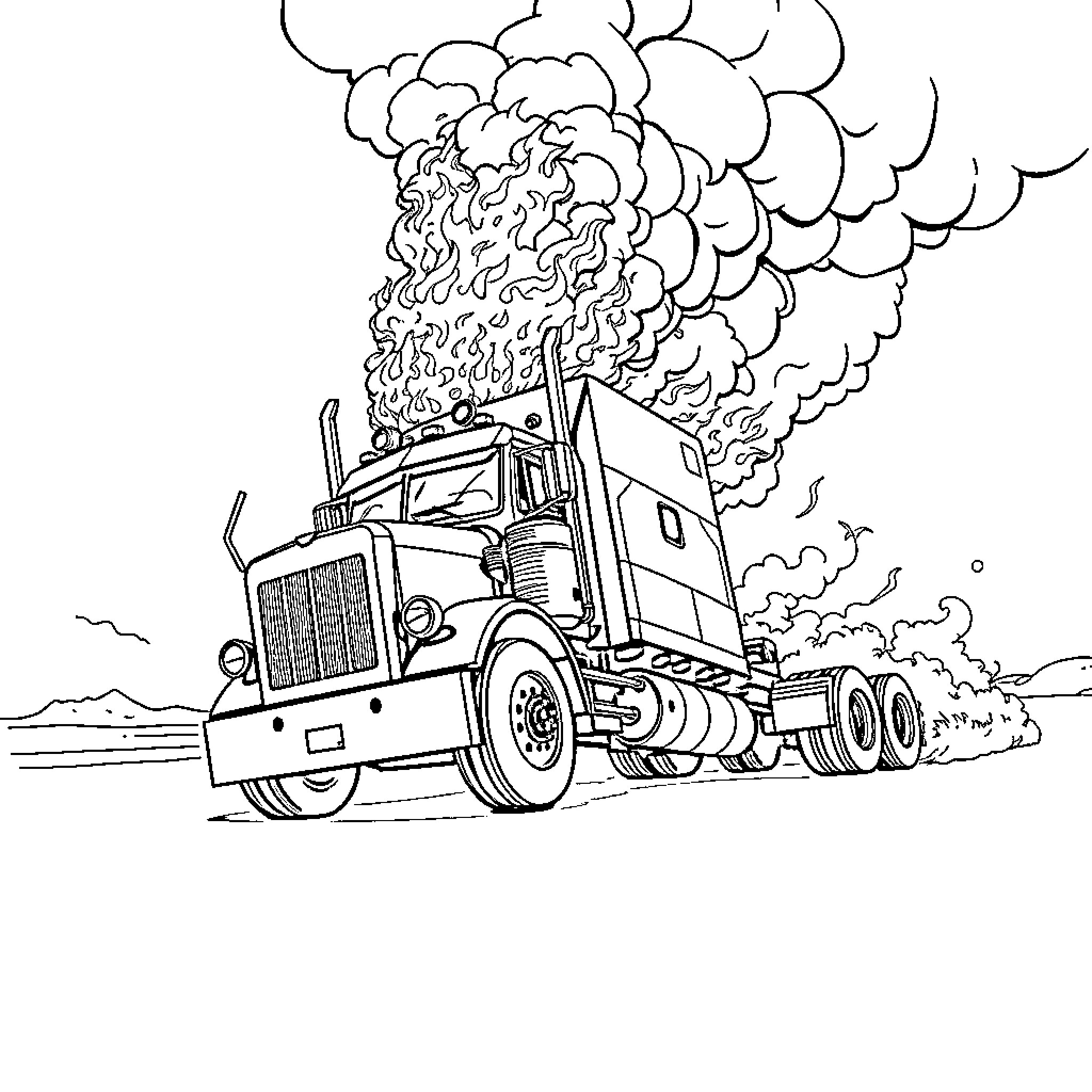 Truck Emitting Thick Smoke on the Road Coloring Page (free black-and-white line drawing printable PDF for all, from beginners to advanced learners, including children, teens, adults, and seniors)