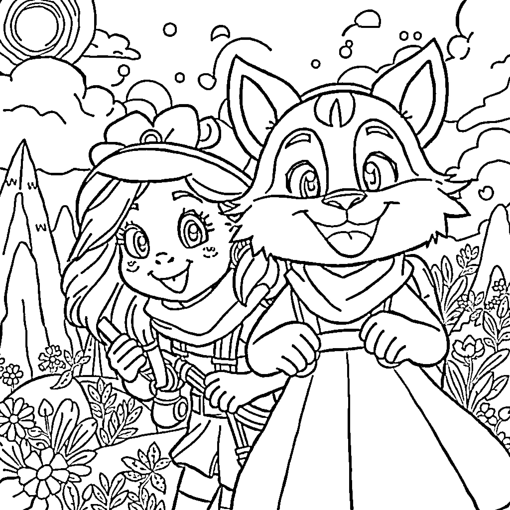 Anibeau Adventuring Duo in Enchanted Forest Coloring Page (free black-and-white line drawing printable PDF for all, from beginners to advanced learners, including children, teens, adults, and seniors)