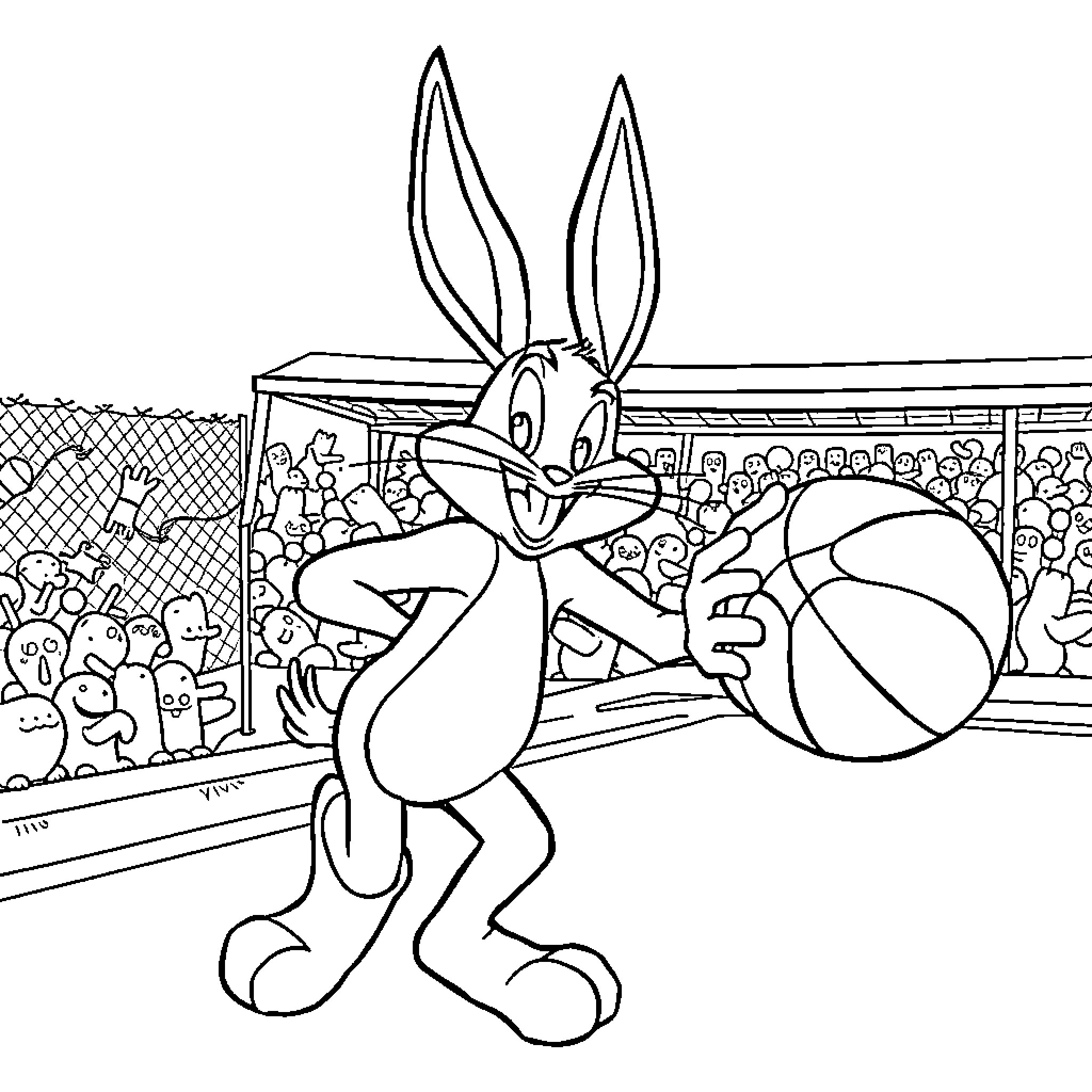 Bugs Bunny playing basketball in a stadium Coloring Page (free black-and-white line drawing printable PDF for all, from beginners to advanced learners, including children, teens, adults, and seniors)