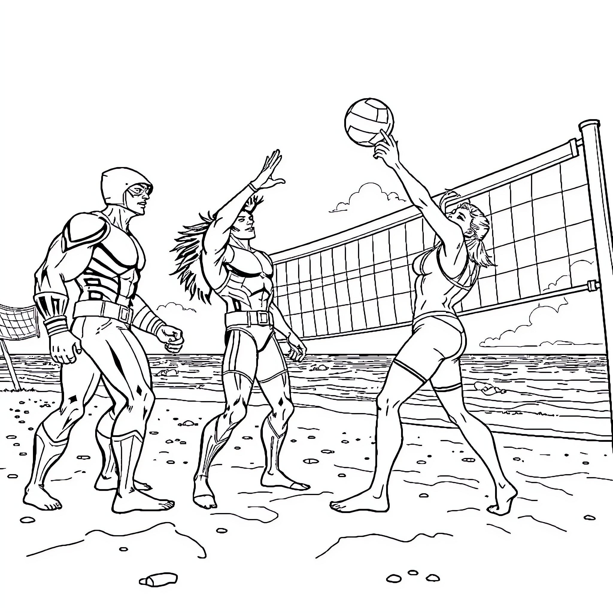 X-Men characters playing beach volleyball Coloring Page (free black-and-white line drawing printable PDF for all, from beginners to advanced learners, including children, teens, adults, and seniors)