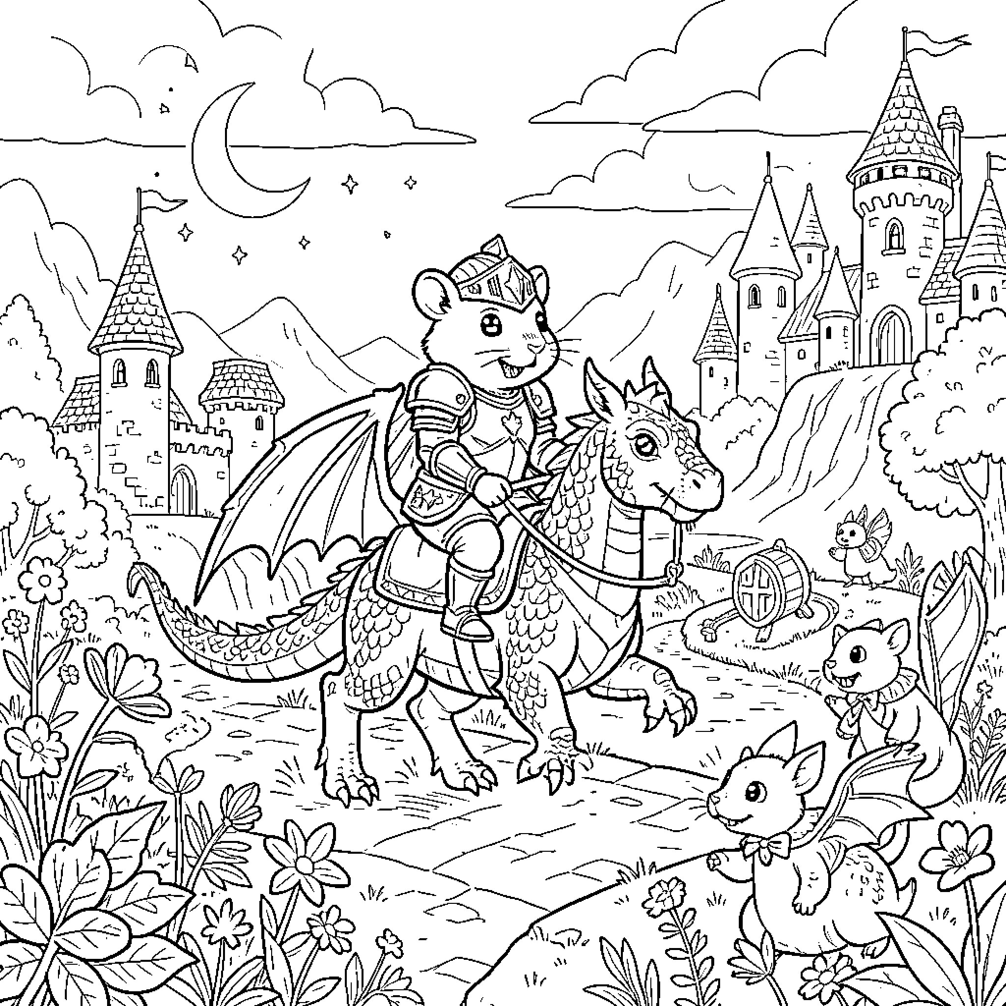 Hamster knight riding a dragon through a kingdom Coloring Page (free black-and-white line drawing printable PDF for all, from beginners to advanced learners, including children, teens, adults, and seniors)