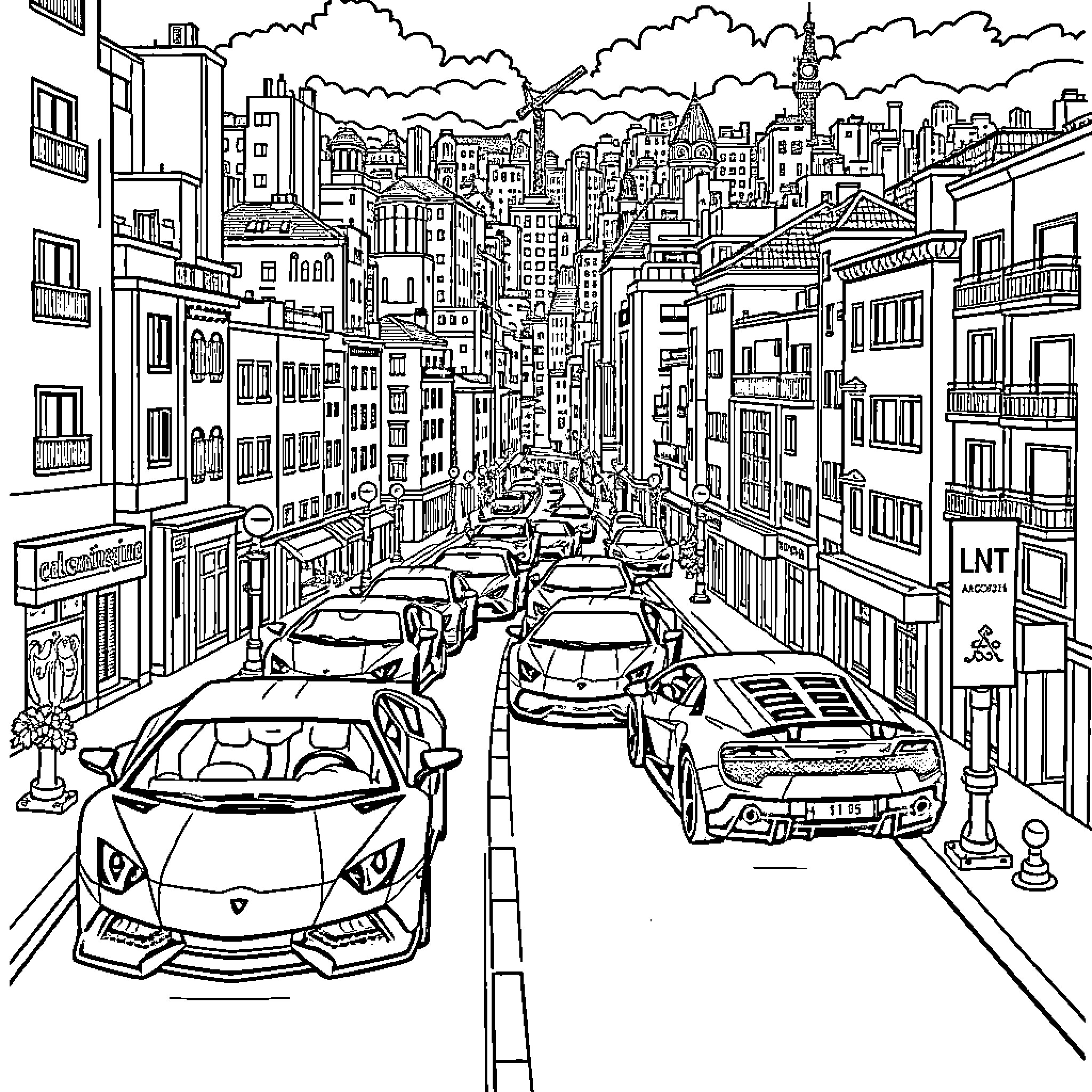 Lego vehicles in a busy city street scene Coloring Page (free black-and-white line drawing printable PDF for all, from beginners to advanced learners, including children, teens, adults, and seniors)
