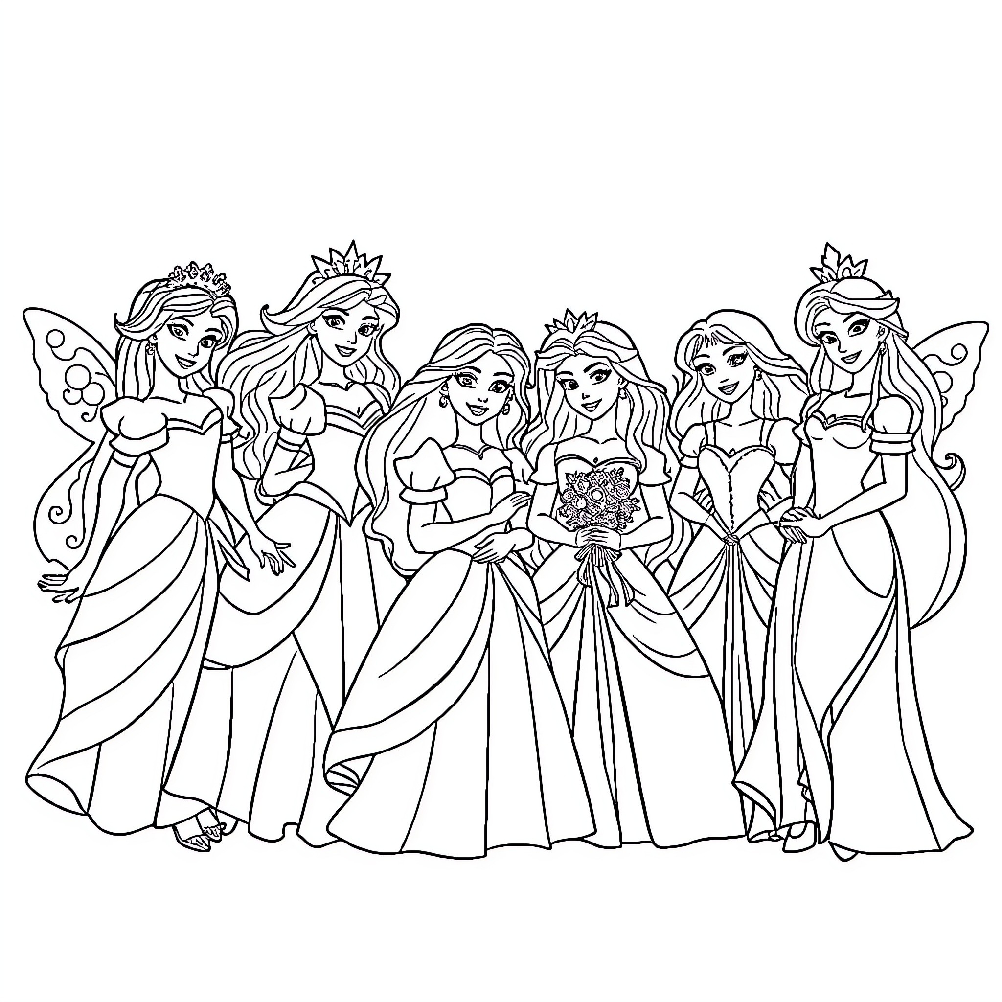 Princess Fairies in Formal Dresses and Crowns Coloring Page (free black-and-white line drawing printable PDF for all, from beginners to advanced learners, including children, teens, adults, and seniors)