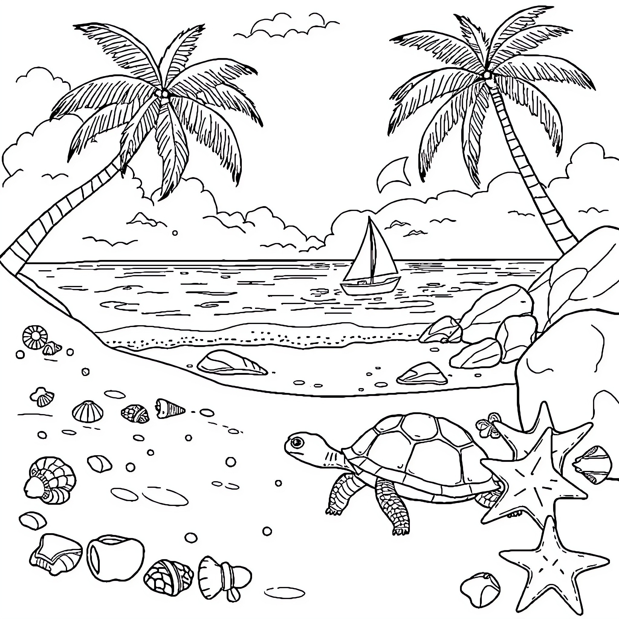 Beach scene with palm trees, sailboat, and sea creatures Coloring Page (free black-and-white line drawing printable PDF for all, from beginners to advanced learners, including children, teens, adults, and seniors)
