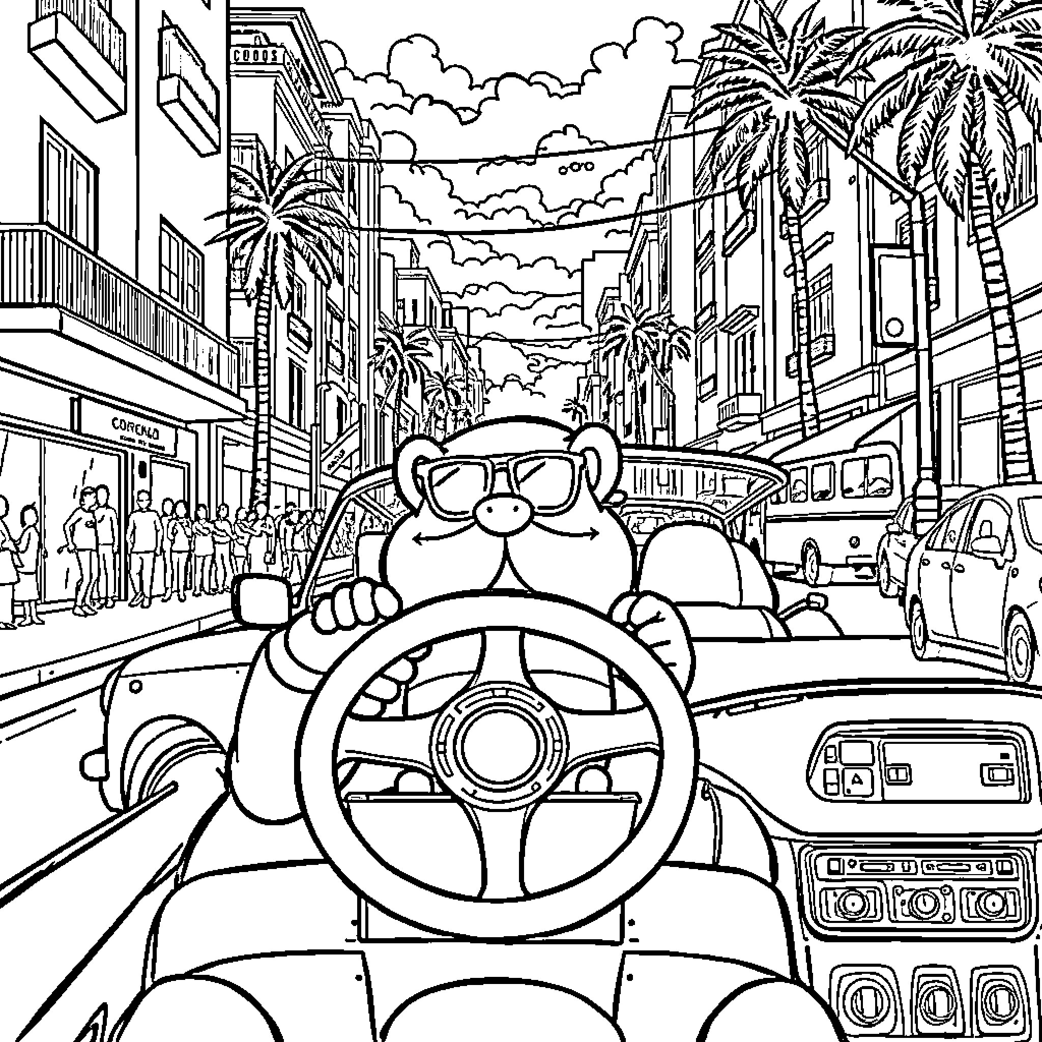 Super Choque: Cartoon Character Navigating Busy City Streets Coloring Page (free black-and-white line drawing printable PDF for all, from beginners to advanced learners, including children, teens, adults, and seniors)