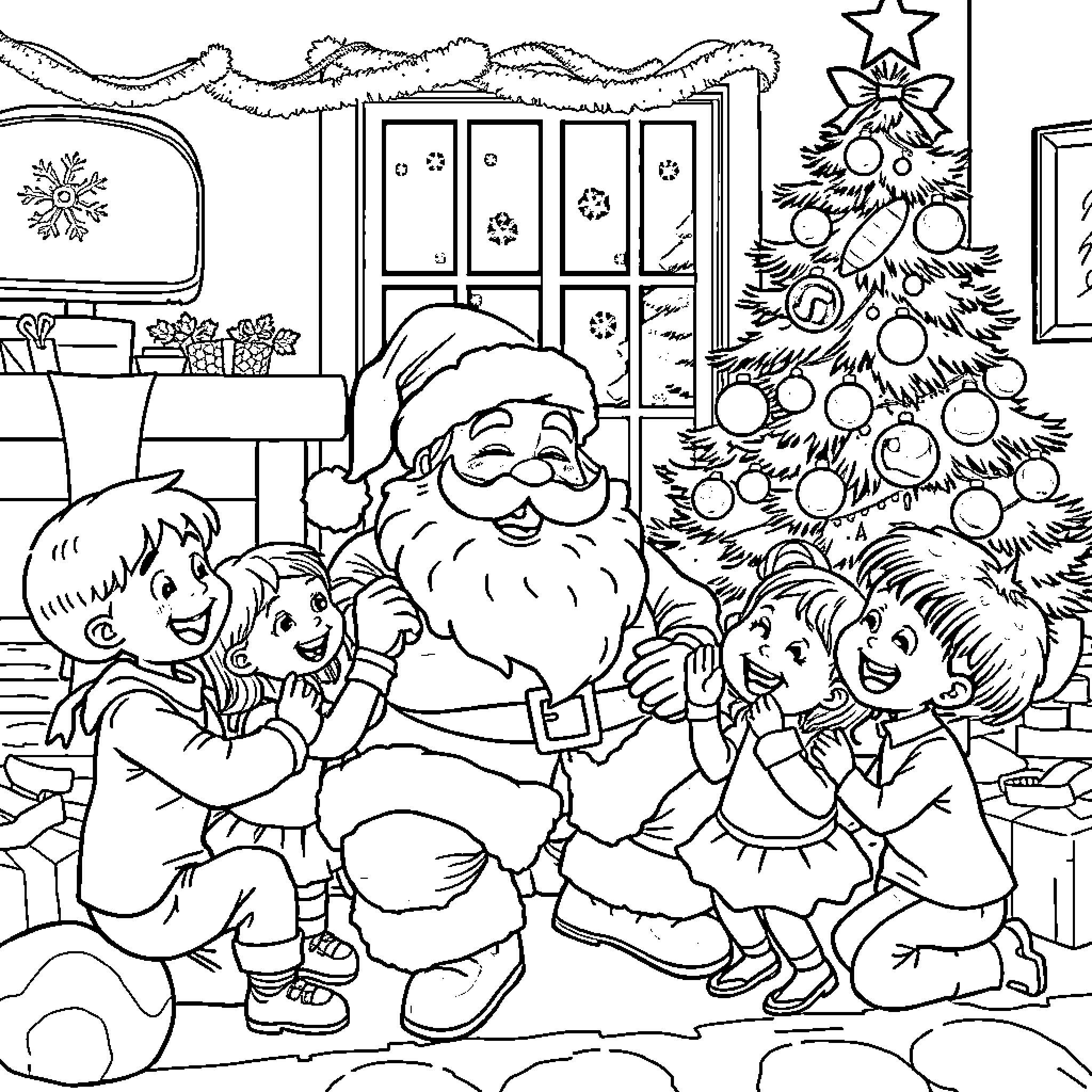 Santa Sharing Gifts with Children in Christmas Living Room Coloring Page (free black-and-white line drawing printable PDF for all, from beginners to advanced learners, including children, teens, adults, and seniors)