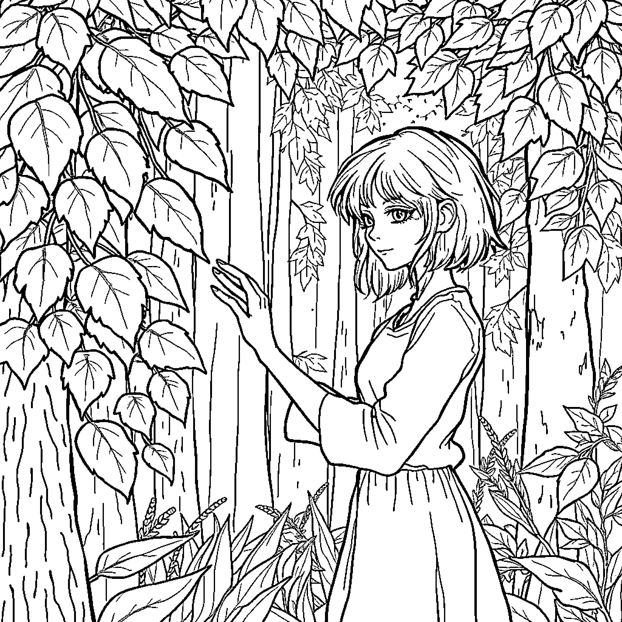Woman in a Serene Forest Scene Coloring Page (free black-and-white line drawing printable PDF for all, from beginners to advanced learners, including children, teens, adults, and seniors)