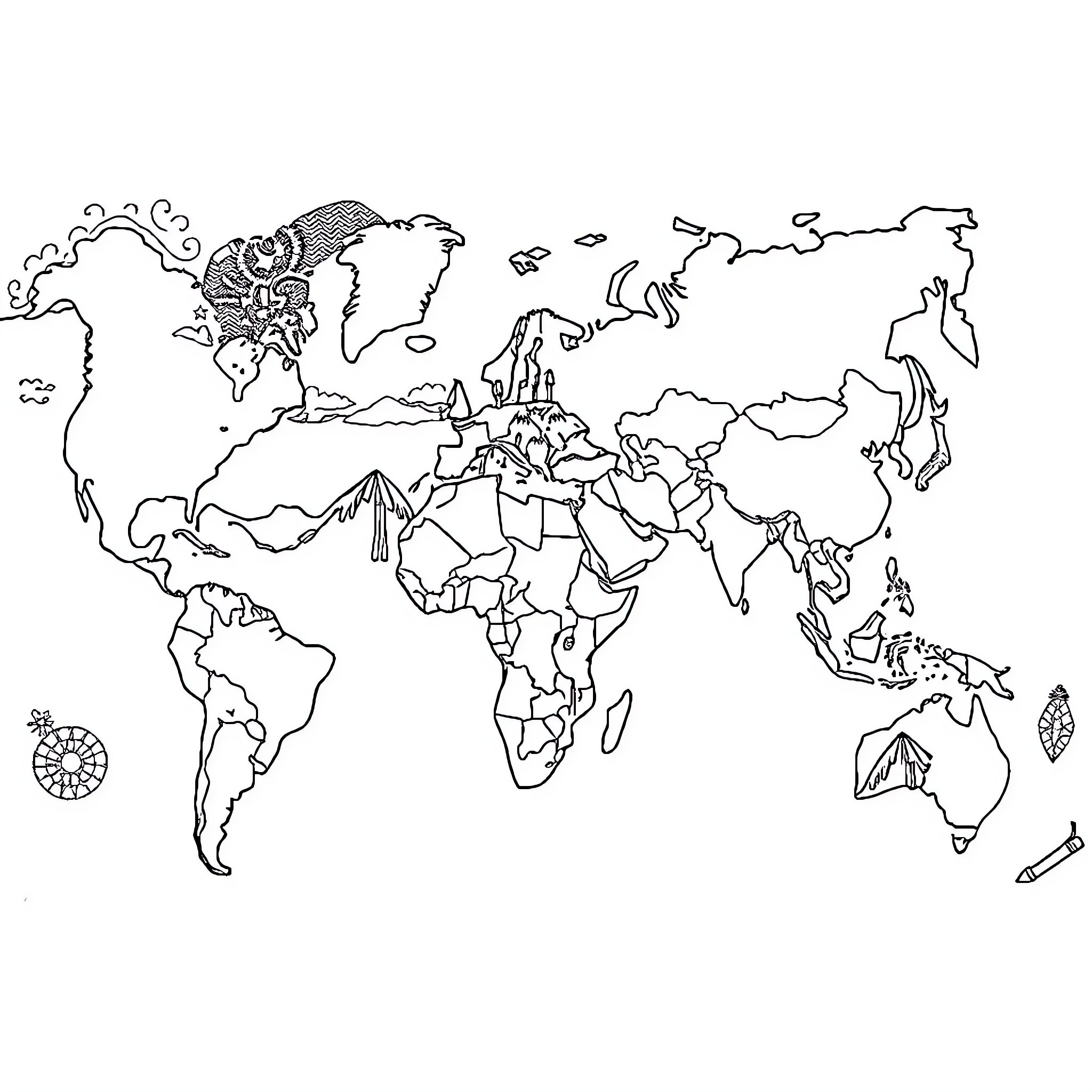 Country Outlined World Map with Doodles Coloring Page (free black-and-white line drawing printable PDF for all, from beginners to advanced learners, including children, teens, adults, and seniors)