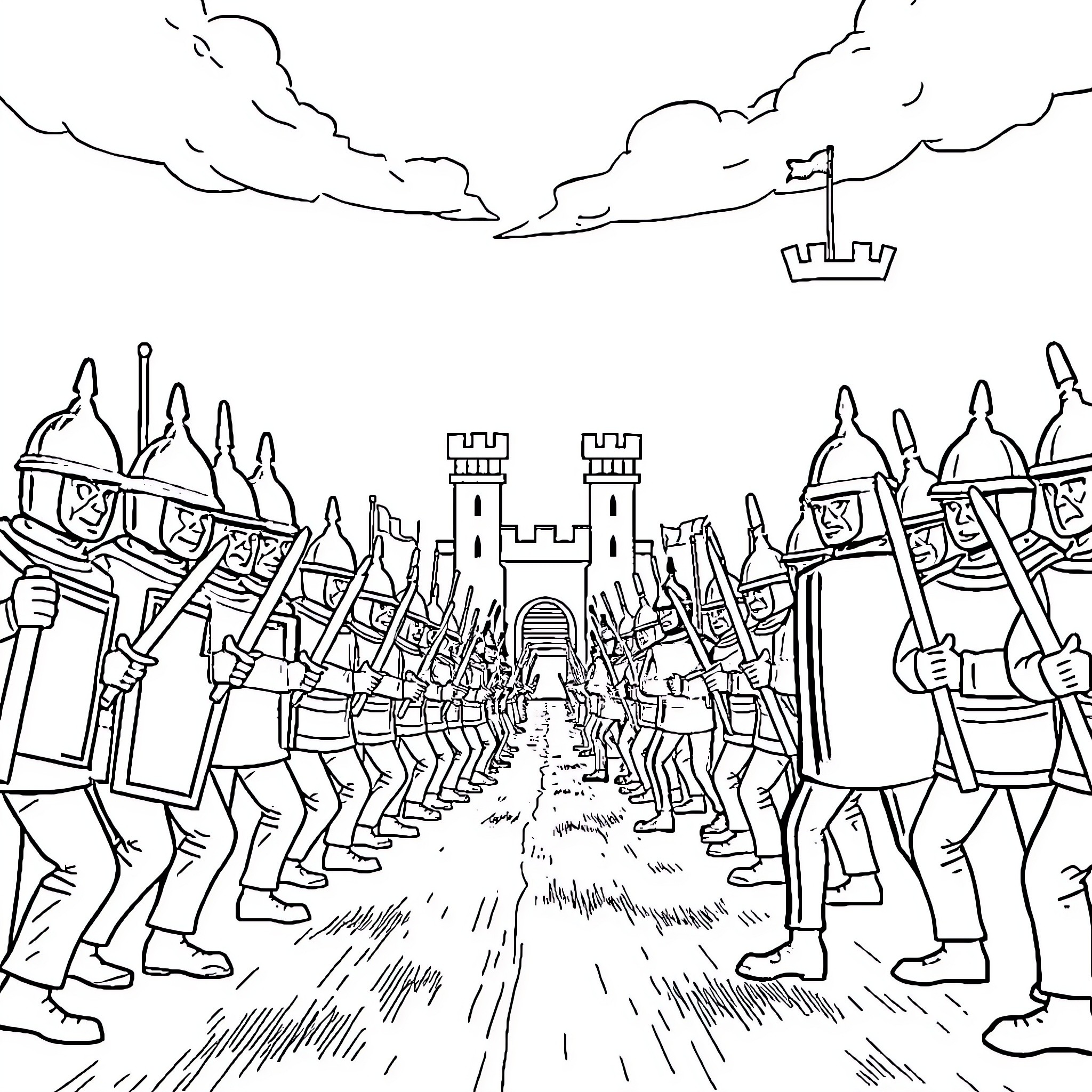 Ketchup and Mustard Knights Marching Towards the Castle Coloring Page (free black-and-white line drawing printable PDF for all, from beginners to advanced learners, including children, teens, adults, and seniors)