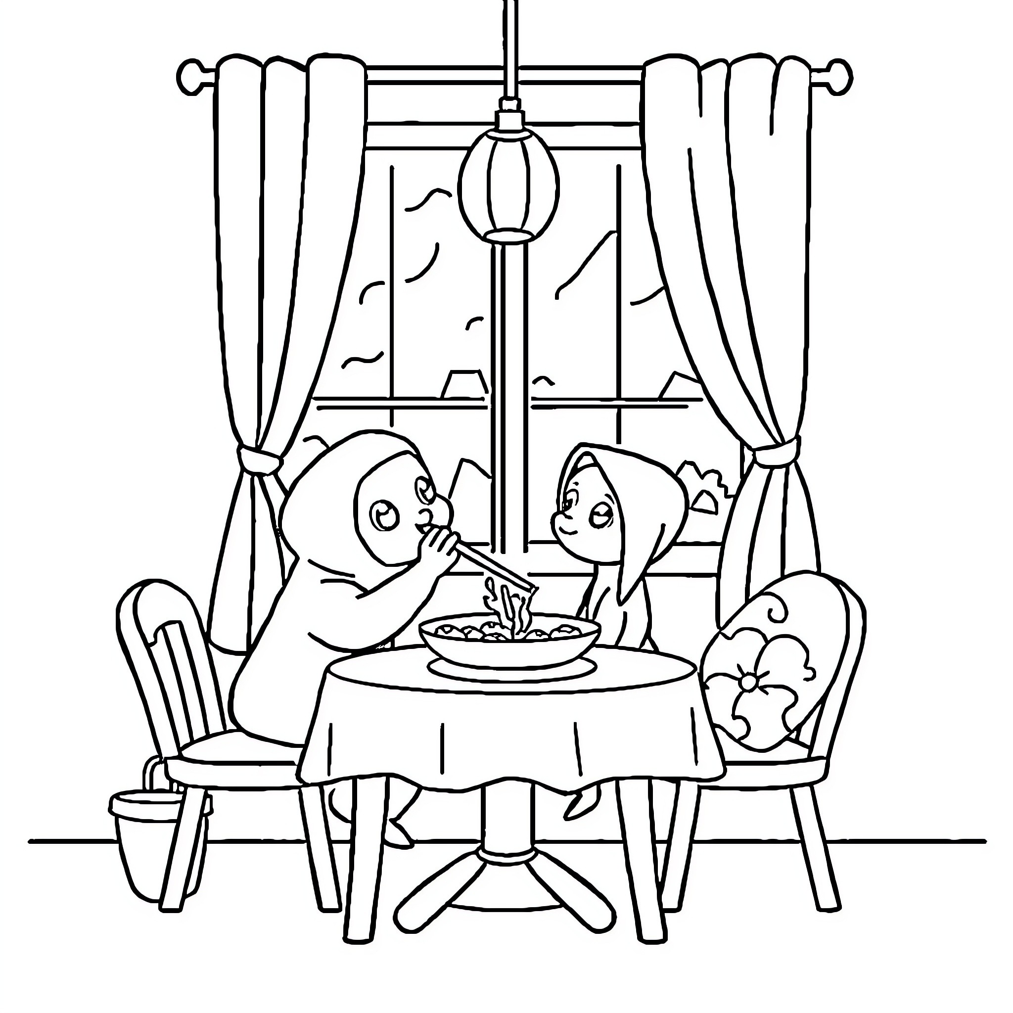 Mouse family enjoying a meal together Coloring Page (free black-and-white line drawing printable PDF for all, from beginners to advanced learners, including children, teens, adults, and seniors)