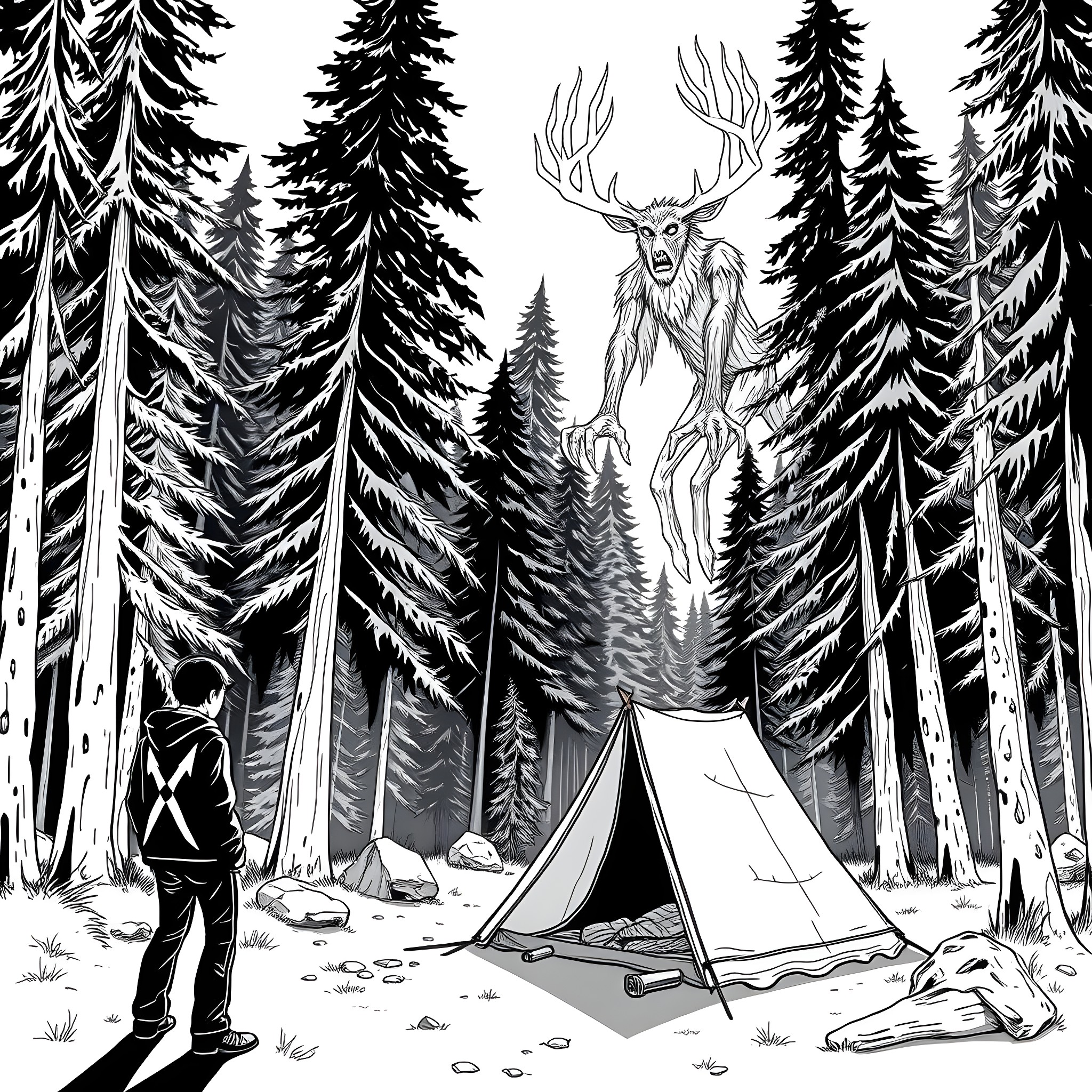Camper encounters a majestic deer in the forest Coloring Page (free black-and-white line drawing printable PDF for all, from beginners to advanced learners, including children, teens, adults, and seniors)