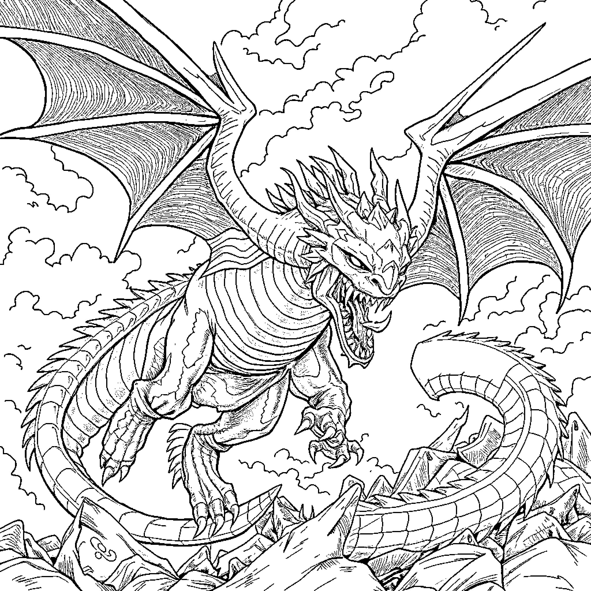 Dragon Unleashing Majestic Power in the Skies Coloring Page (free black-and-white line drawing printable PDF for all, from beginners to advanced learners, including children, teens, adults, and seniors)