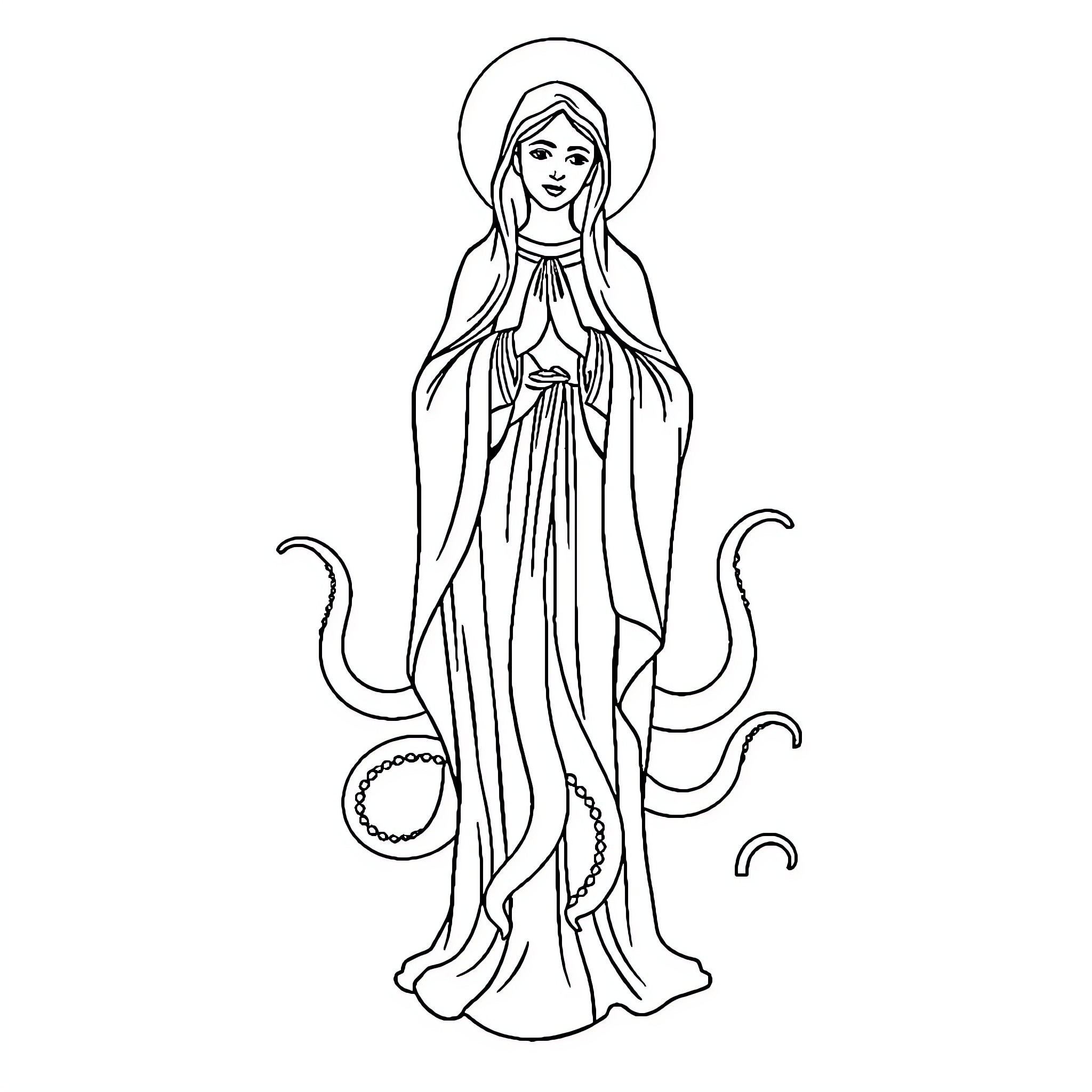 Virgin Mary in prayerful pose with flowing robes Coloring Page (free black-and-white line drawing printable PDF for all, from beginners to advanced learners, including children, teens, adults, and seniors)