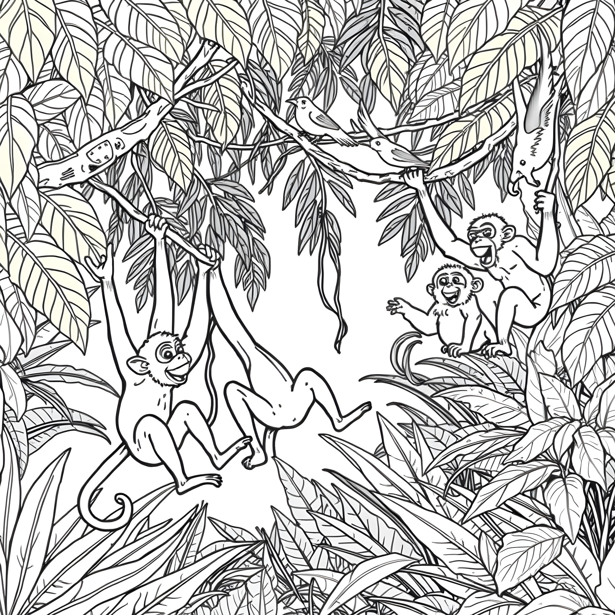 Monkeys playing playfully in the jungle Coloring Page (free black-and-white line drawing printable PDF for all, from beginners to advanced learners, including children, teens, adults, and seniors)