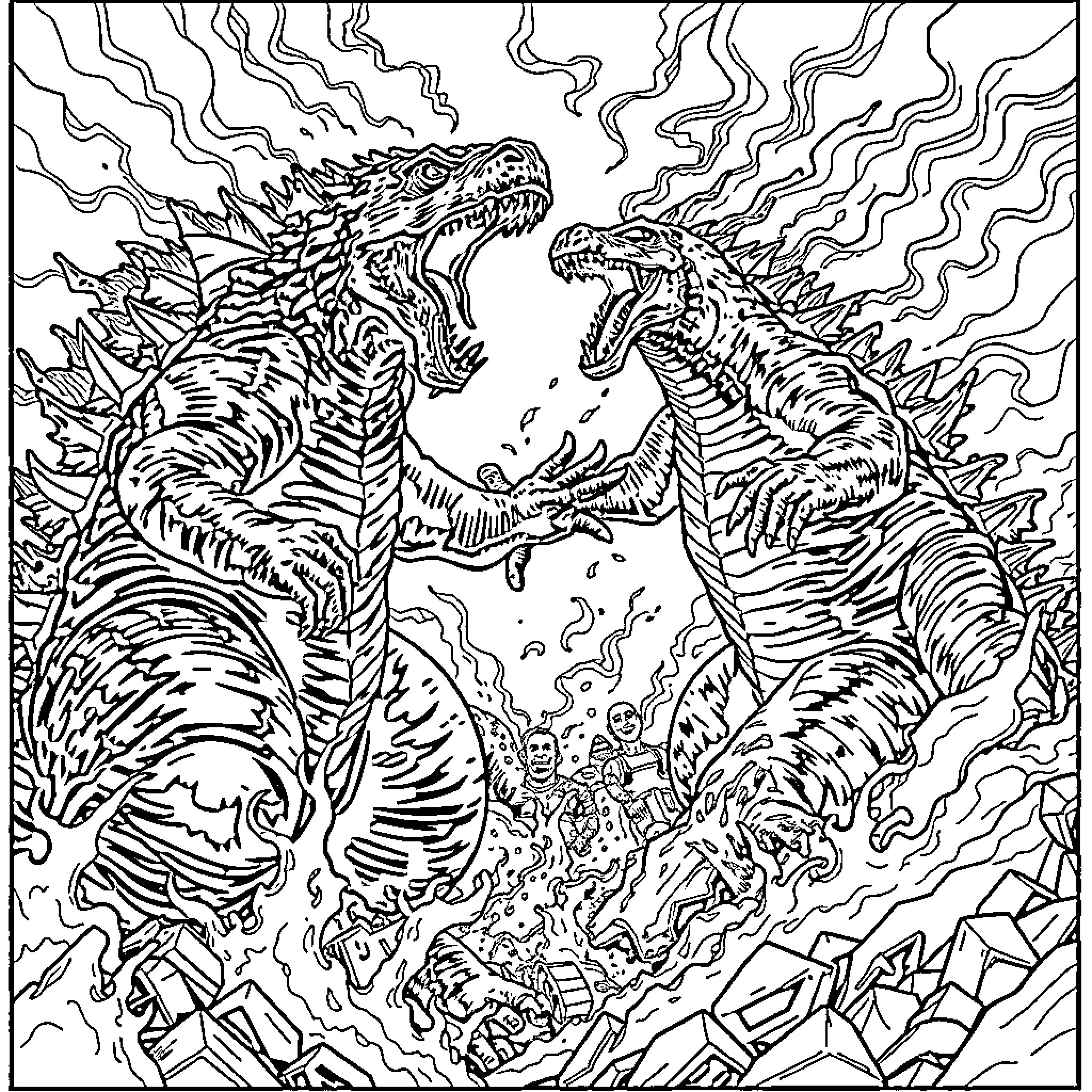 Godzilla Monsters Engaged in Fierce Battle Coloring Page (free black-and-white line drawing printable PDF for all, from beginners to advanced learners, including children, teens, adults, and seniors)