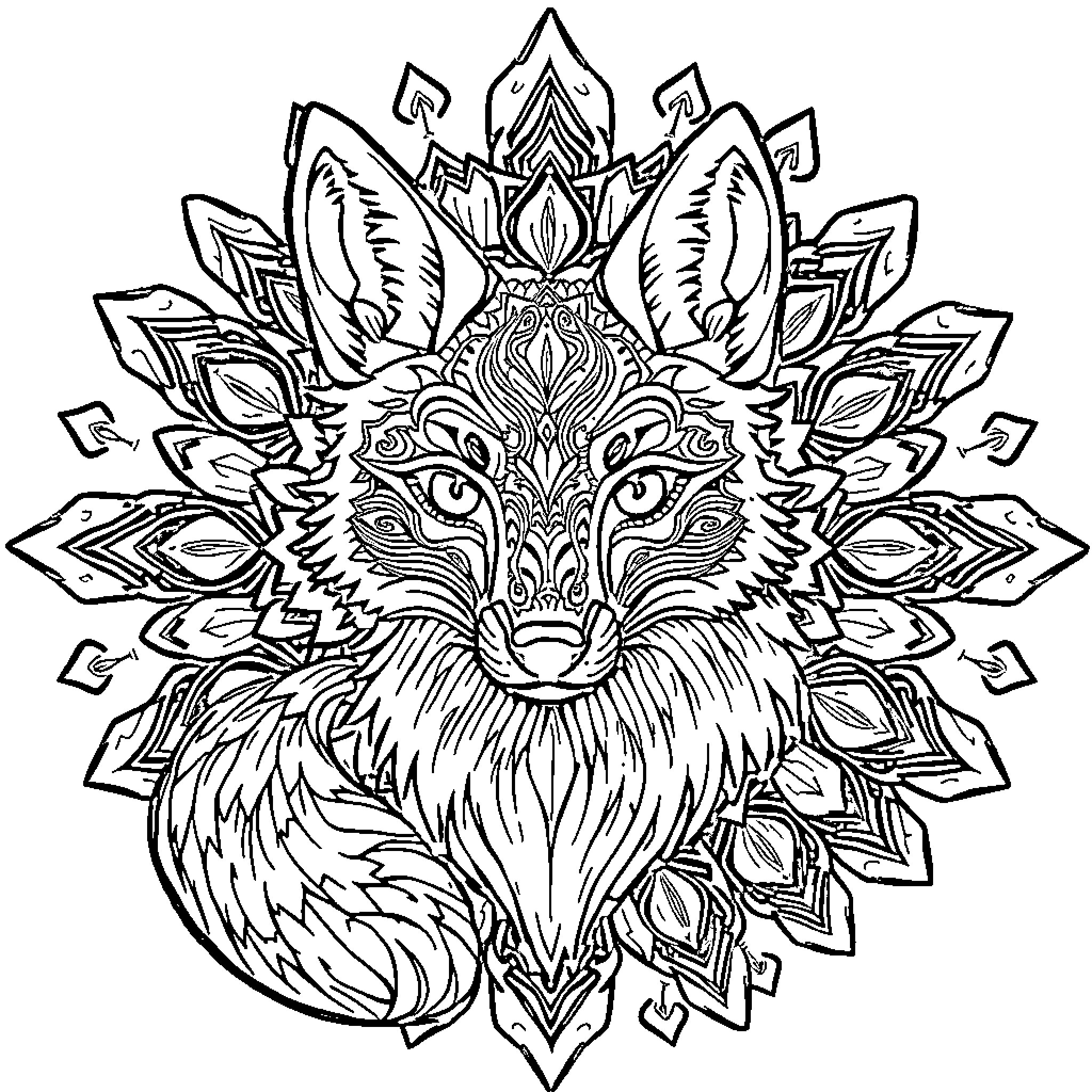 Fox Mandala Design with Intricate Floral Patterns Coloring Page (free black-and-white line drawing printable PDF for all, from beginners to advanced learners, including children, teens, adults, and seniors)