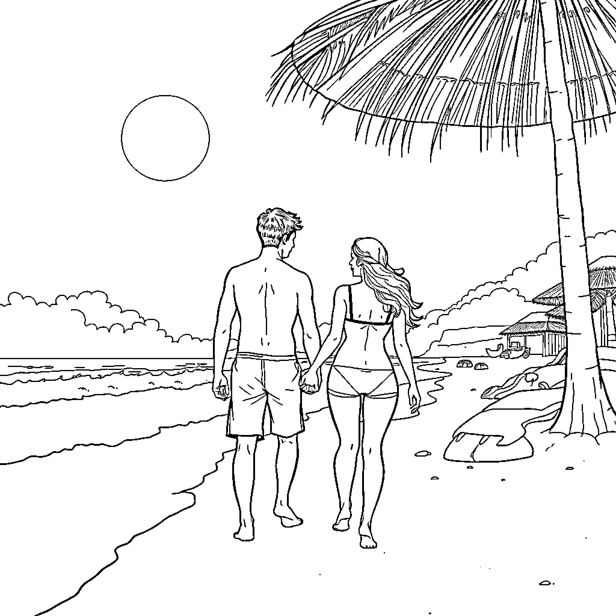 Manobras of a couple enjoying the beach Coloring Page (free black-and-white line drawing printable PDF for all, from beginners to advanced learners, including children, teens, adults, and seniors)