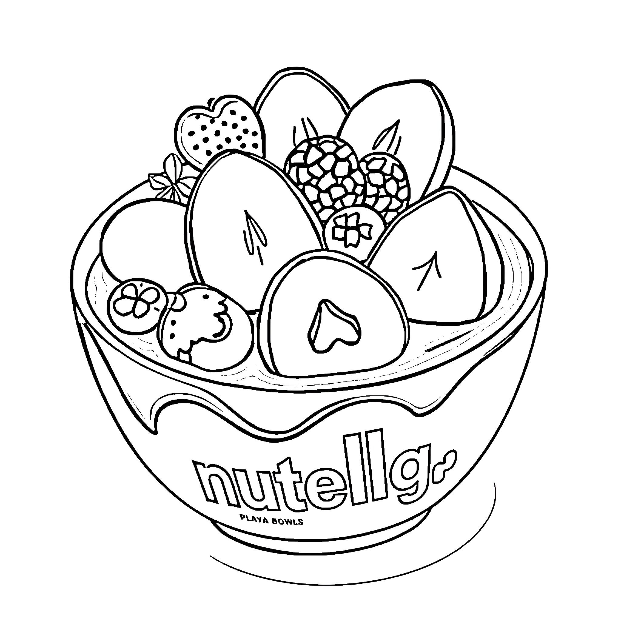 Nutella bowl filled with assorted fruit Coloring Page (free black-and-white line drawing printable PDF for all, from beginners to advanced learners, including children, teens, adults, and seniors)
