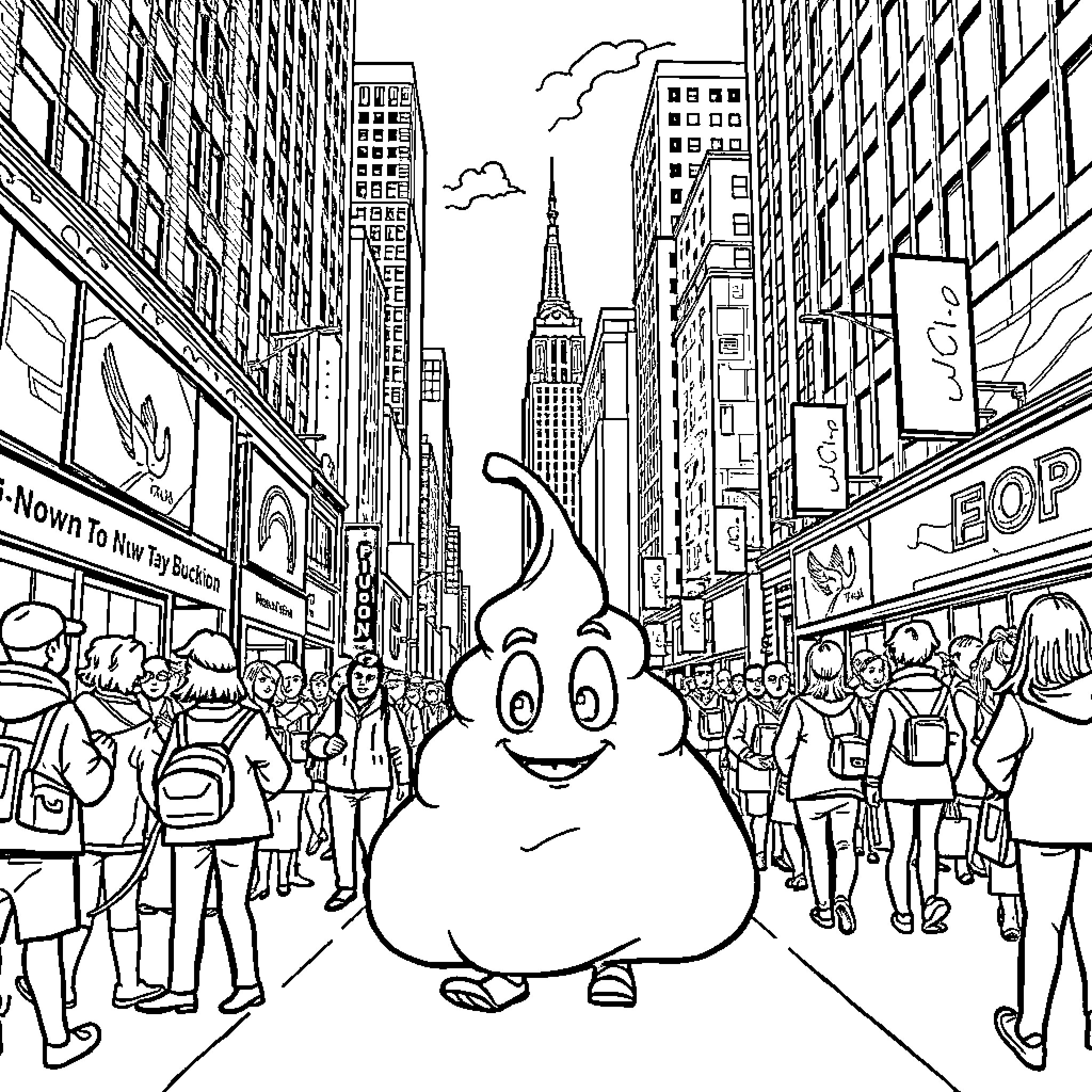 Poop character explores busy city street Coloring Page (free black-and-white line drawing printable PDF for all, from beginners to advanced learners, including children, teens, adults, and seniors)